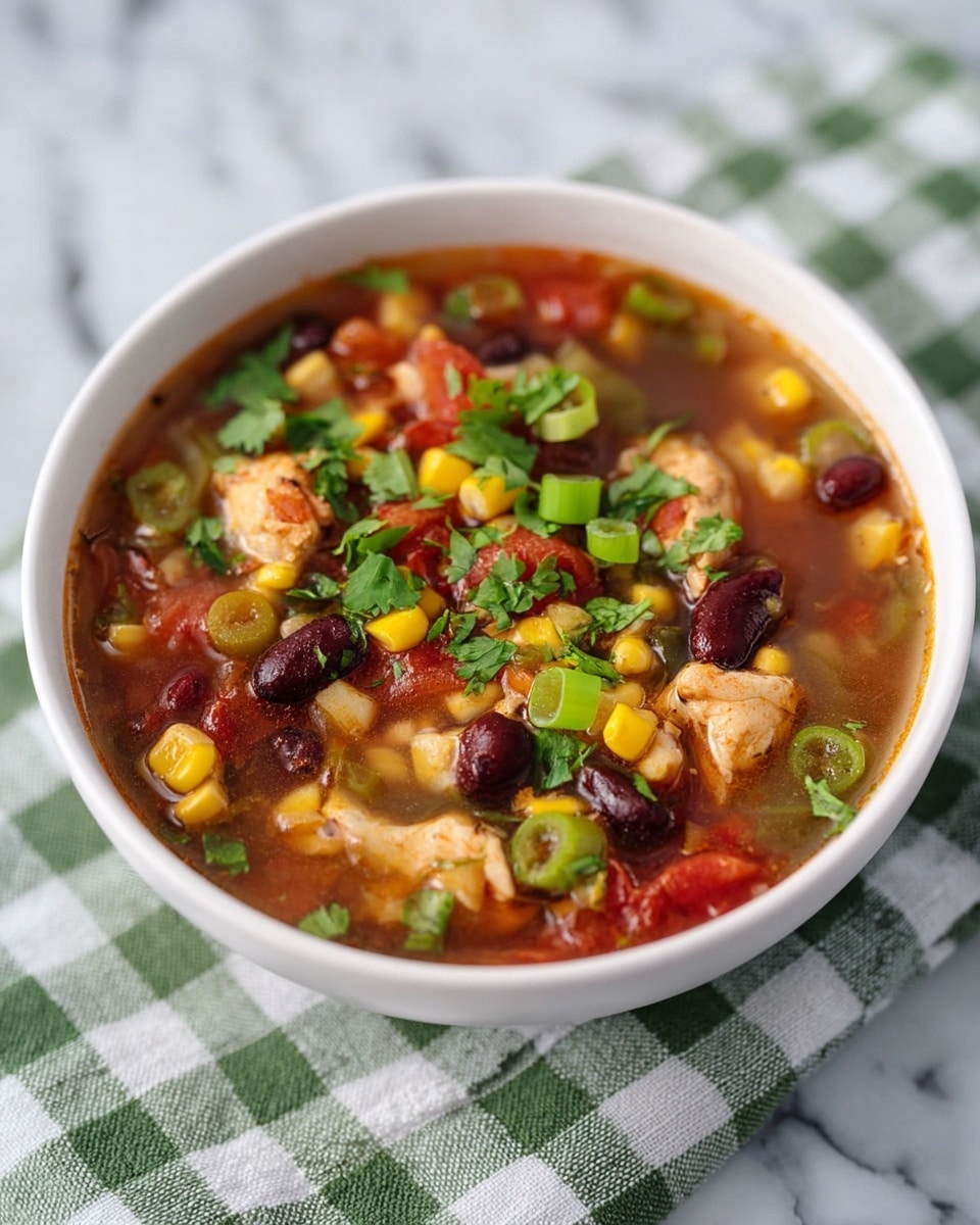 A white bowl filled with a colorful soup is placed on a checkered cloth over a white marbled surface. The soup has a clear, reddish broth with visible layers including chunks of light brown chicken, bright yellow corn, dark red beans, green chopped scallions, and pieces of red tomato. Fresh cilantro leaves are sprinkled on top, adding a touch of green. The mix of textures and colors makes the soup look fresh and hearty. photo taken with an iphone --ar 4:5 --v 7