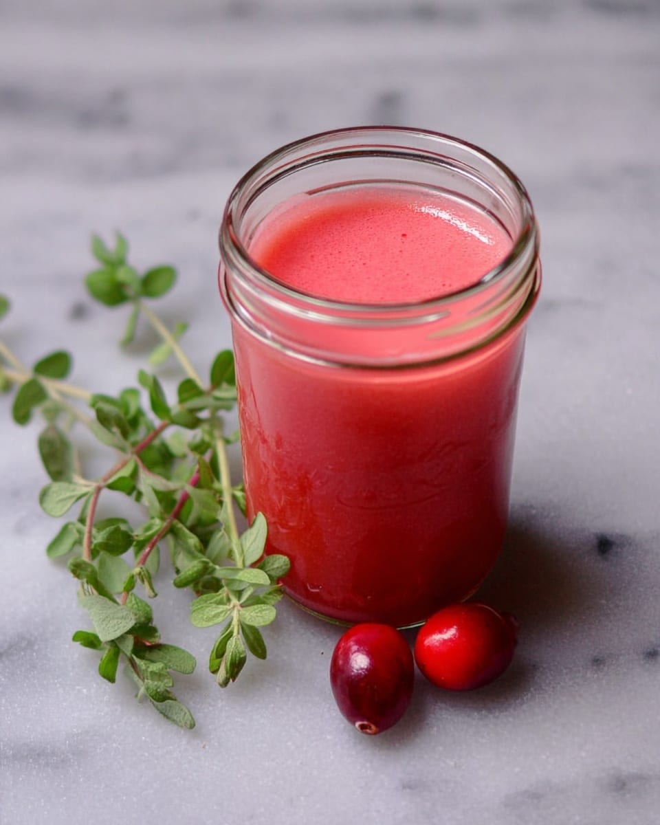 A clear glass jar filled with a smooth, bright pink-red liquid sits upright. Around the base of the jar are three small, shiny red berries and a few sprigs of light green leafy herbs lying flat beside it. The jar and items rest on a white marbled surface that has a clean and bright look. photo taken with an iphone --ar 4:5 --v 7