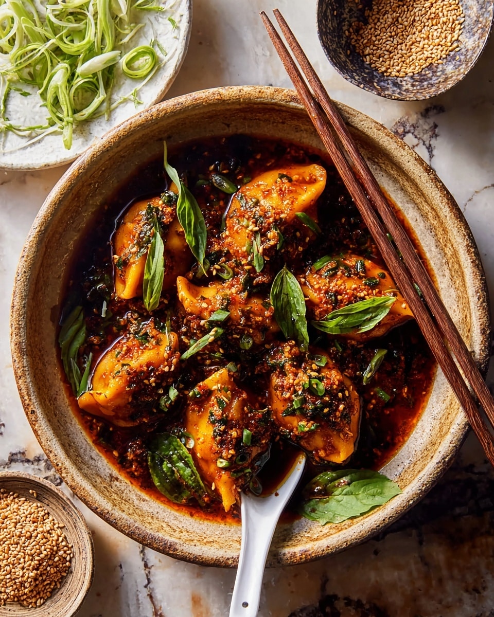 A rough-textured bowl filled with six orange-brown dumplings covered in a thick, dark spicy sauce with bits of green herbs and sesame seeds, topped with fresh green basil leaves on two sides, sitting next to a white plate with sliced green onions and a rustic bowl filled with sesame seeds on a white marbled textured surface; a pair of wooden chopsticks rest on the bowl’s edge, with a white spoon partially submerged in the sauce photo taken with an iphone --ar 4:5 --v 7