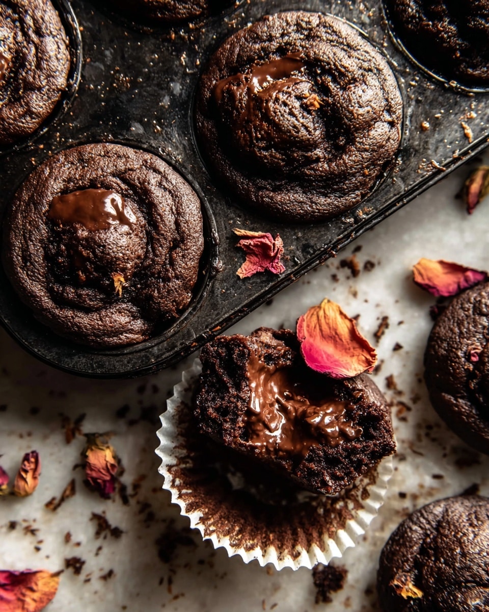 The image shows a close-up of rich, gooey chocolate muffins in a dark metal muffin tray, with melted chocolate pooling in the center of each muffin. The muffins have a rough, slightly cracked texture on top, revealing a moist interior. One muffin is broken open, showing the melted chocolate inside. A few dried rose petals with red and orange hues are placed on and around the muffins, adding a touch of color. The tray rests on a white marbled texture surface, with scattered rose petals and crumbs nearby. photo taken with an iphone --ar 4:5 --v 7