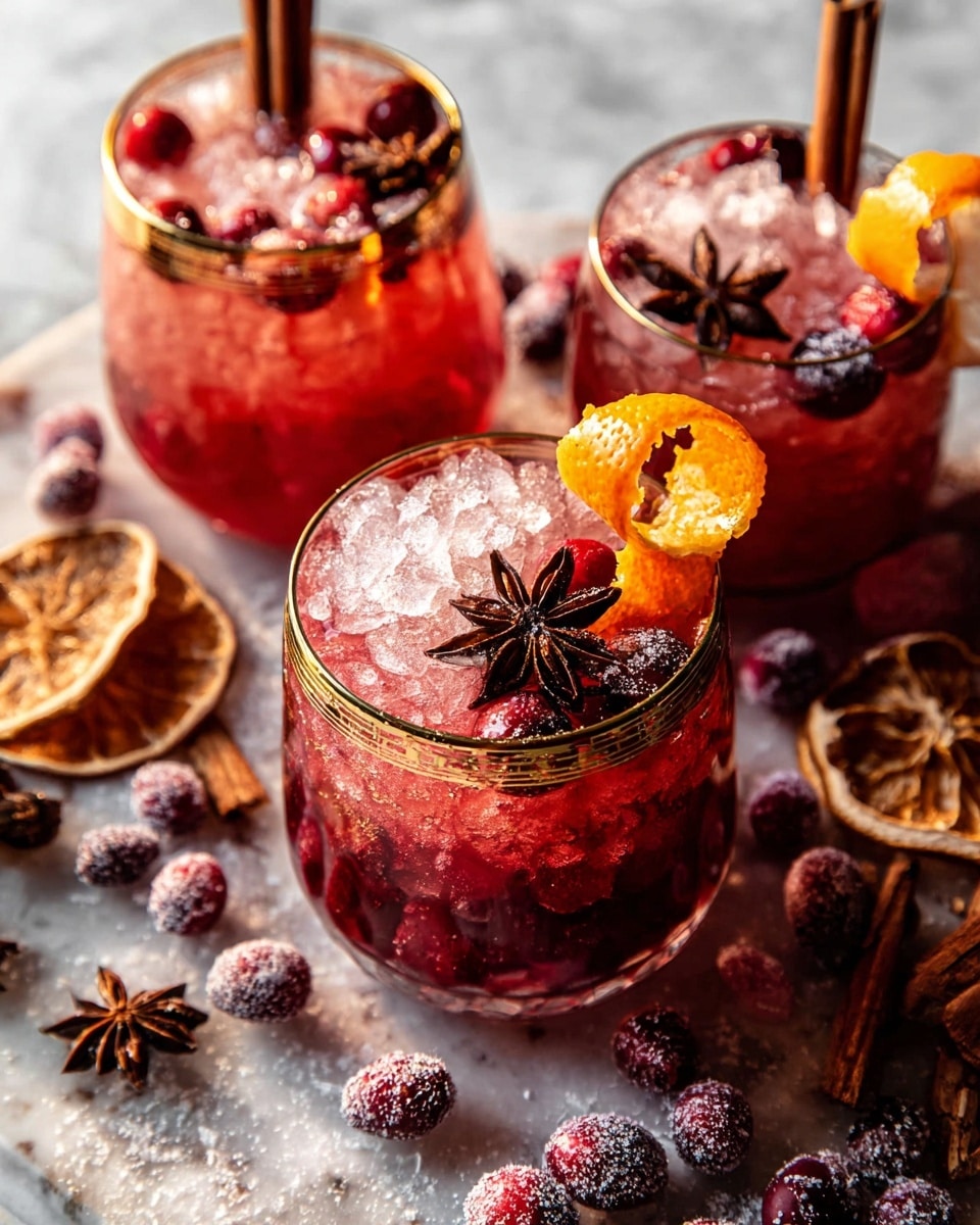 A close-up of three clear glasses filled with a red drink, each glass packed with small ice cubes. The drinks have layers of deep red liquid at the bottom and lighter red near the top. Each glass is decorated with sugared cranberries, a twisted orange peel curled on the side, and a stick of cinnamon standing upright. A dark brown star anise floats on top of the drink closest to the camera, resting on the ice. Around the glasses, scattered sugared cranberries and star anise sit on a round black board with white marble textures underneath. The whole scene has warm light, creating rich shadows and highlights. Photo taken with an iphone --ar 4:5 --v 7