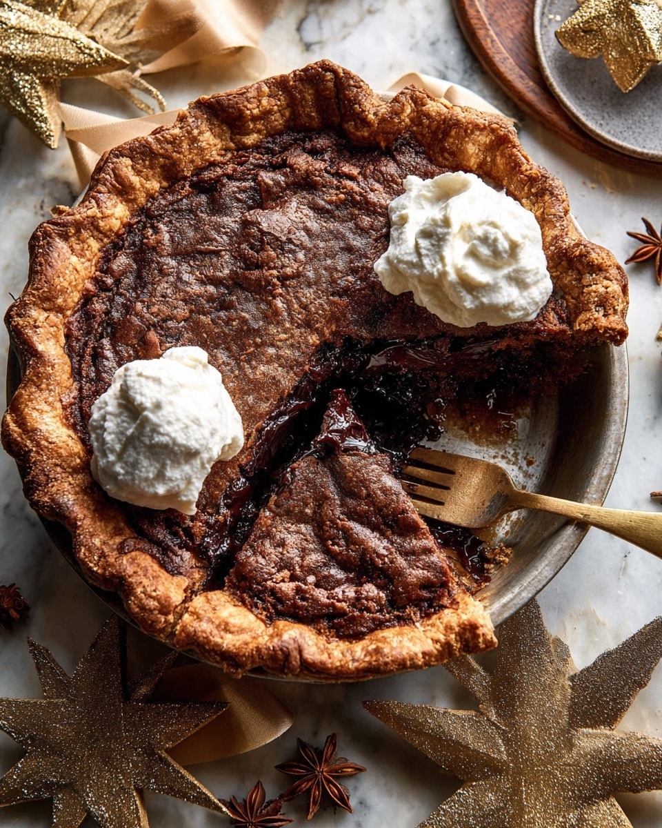 The image shows a partially sliced pecan pie in a round metal pan, with a golden-brown crust that has a slightly crimped edge. The filling is dark and glossy with a rich, gooey texture and visible pecan halves embedded in a bubbly, caramelized surface. On top of the cut slice and the pie is a dollop of white whipped cream, soft and smooth, with some light brown specks sprinkled on it. A gold-colored fork with whipped cream on its tips rests inside the pan. The scene is set on a white marbled textured surface, with a small white dish holding star anise and rustic gold ribbon nearby, adding a festive touch. Photo taken with an iphone --ar 4:5 --v 7