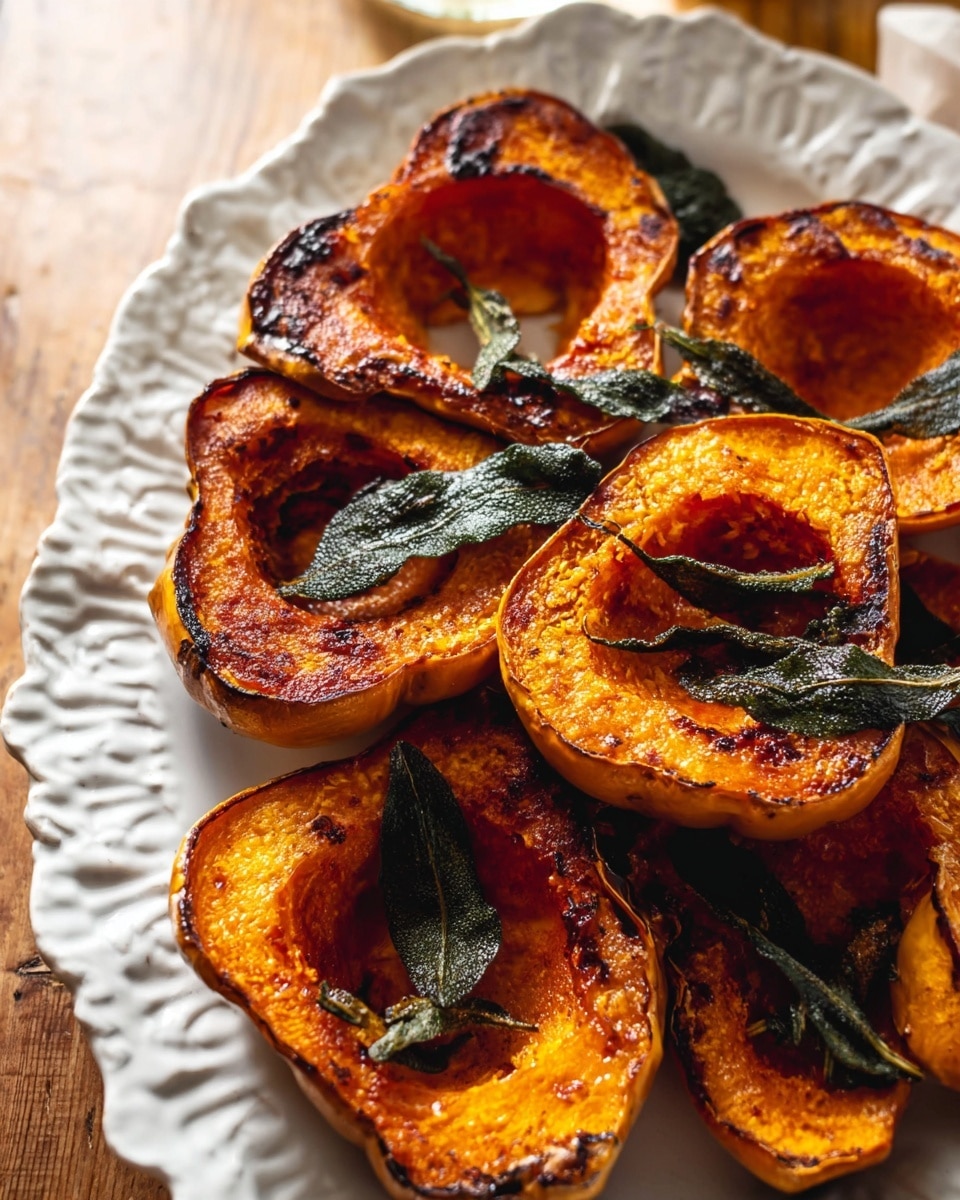 The image shows a white plate filled with eight halves of roasted butternut squash arranged in a slightly overlapping way. Each squash half has a deep orange roasted flesh with some caramelized dark brown spots, mainly around the edges and inside the hollow center. On top of each squash half, there are one or two fried dark green sage leaves that add texture and color contrast. The plate sits on a wooden surface in warm light with a clear glass of amber liquid and a wine glass partially visible nearby. photo taken with an iphone --ar 4:5 --v 7