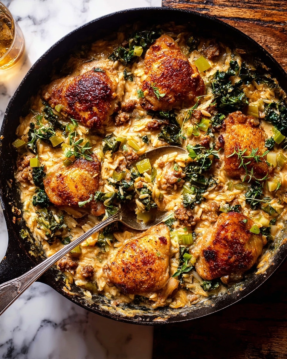 A black cast iron pan filled with a layered chicken dish sits on a wooden table. The bottom layer has a thick, creamy sauce with small pieces of browned meat, possibly sausage, and chopped green celery. On top of that, there are dark green leafy vegetables mixed with onions that add texture. Four golden-brown chicken thighs lie scattered over the dish, seared to a light crisp. A large metal spoon rests inside the pan, partially scooping the food. Around the pan, there is a glass of amber liquid, a block of cheese, some herbs, and a small bouquet of red flowers. The surface beneath the pan is changed to a white marbled texture. photo taken with an iphone --ar 4:5 --v 7