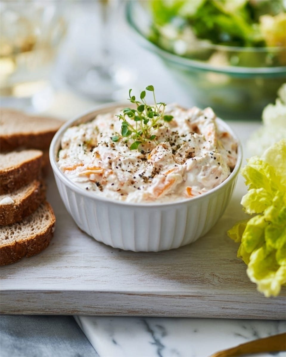 The image shows a white bowl filled with a creamy, white dip that has small orange and black specks mixed throughout, topped with a sprig of green dill and a sprinkling of black pepper. A knife with a white handle rests on the bowl's edge. Next to the bowl, there are three slices of dark brown bread standing upright, and on the right side, bright green lettuce leaves and a glass bowl filled with a green salad with chopped ingredients are visible. All items are placed on a white marbled surface. Photo taken with an iphone --ar 4:5 --v 7