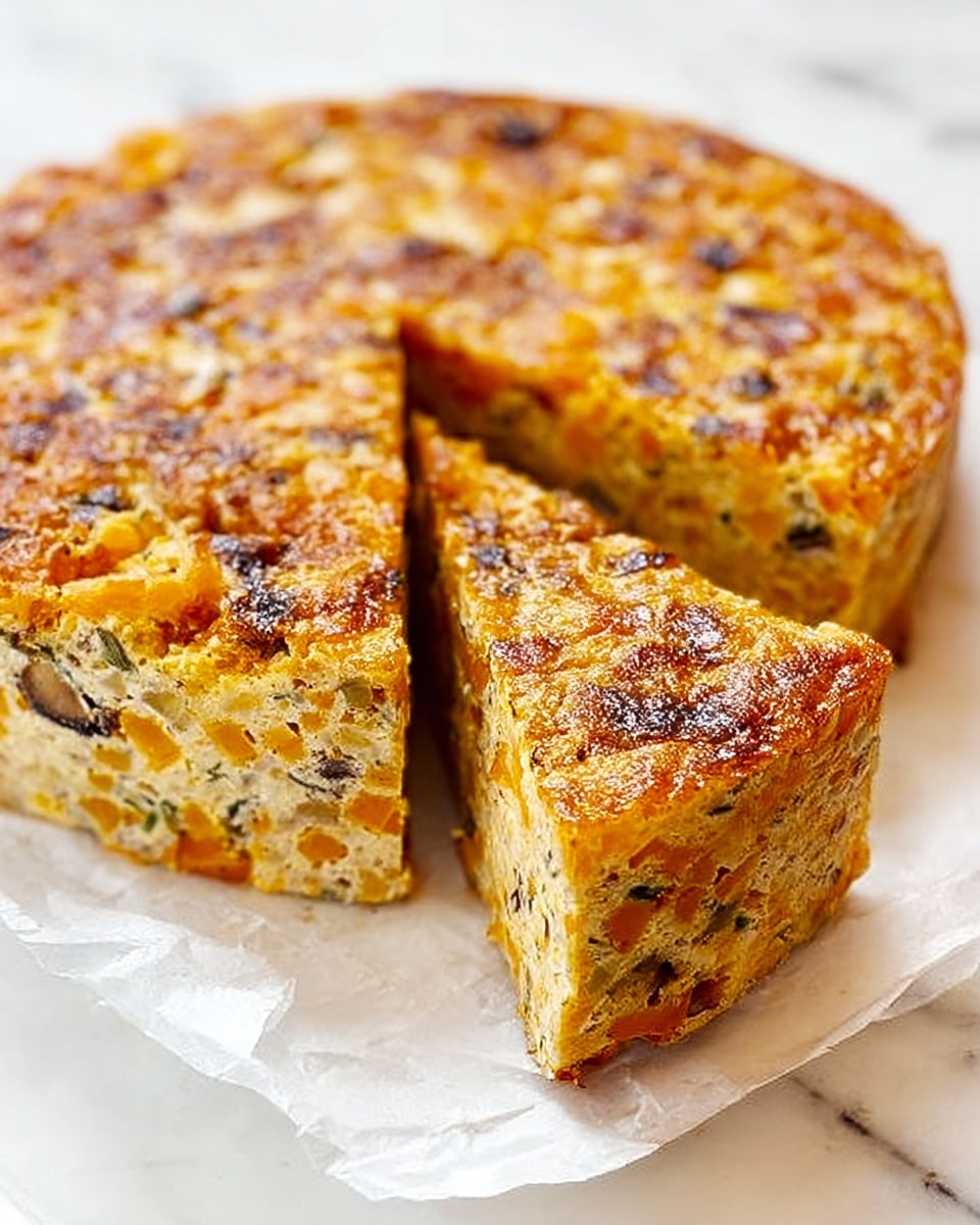 A round, golden-brown baked dish cut into three pieces, showing a thick, dense texture filled with small orange and light yellow chunks spread evenly throughout. The outside is slightly crisp and browned, while the inside looks moist and soft with visible bits of green and darker spots, suggesting herbs or vegetables. The dish is placed on white parchment paper on a white marbled surface. Photo taken with an iphone --ar 4:5 --v 7