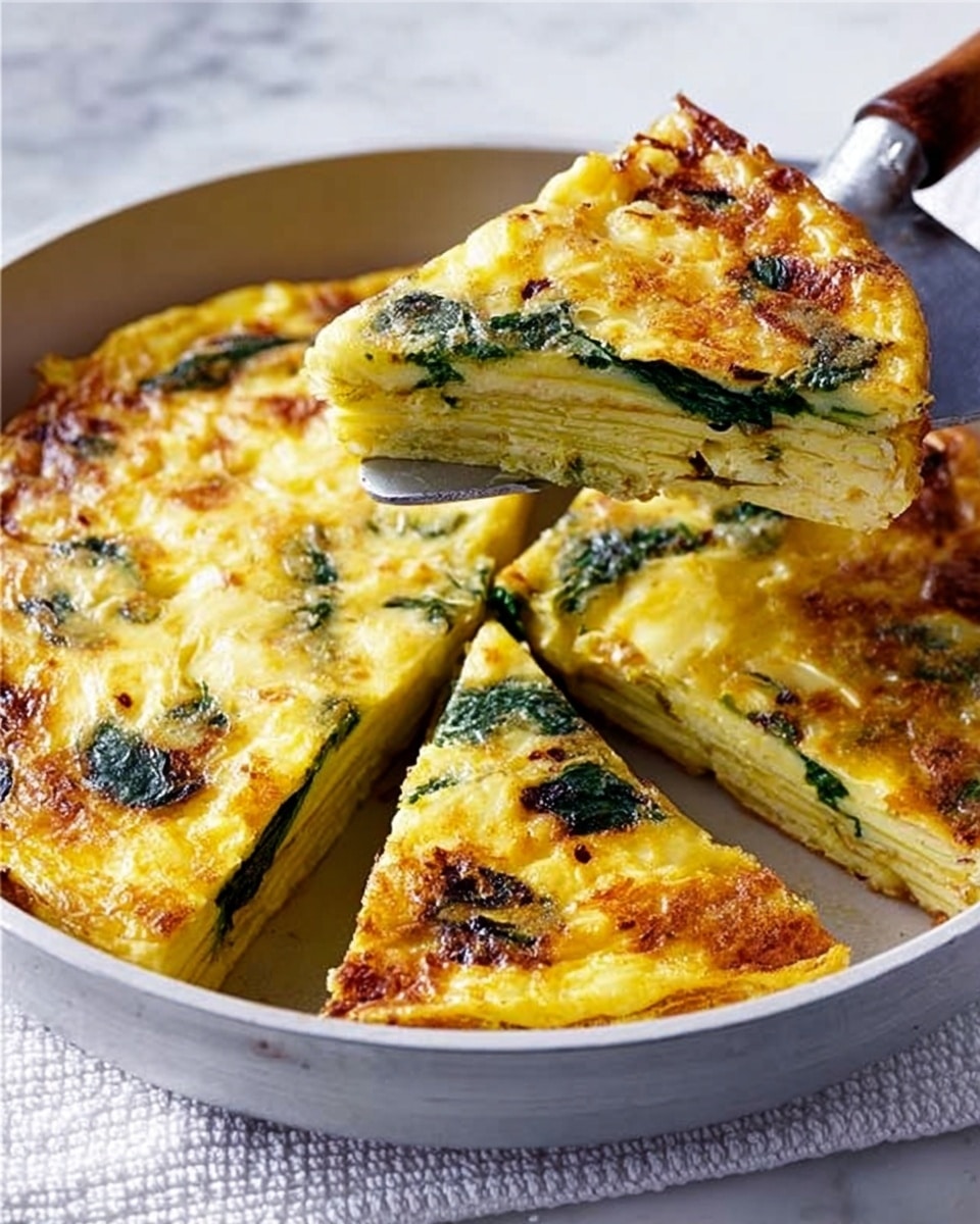 A close-up of a round, layered frittata in a white pan, showing a thick, golden-yellow top layer with slightly browned, crispy edges and dark green spinach spots scattered across. The frittata is cut into slices, with one triangular slice lifted by a metal spatula with a wooden handle, revealing inside layers of soft, pale yellow eggs and green vegetables, arranged evenly. The white marbled surface underneath holds a white textured mat partly visible beneath the pan. The photo is taken with an iphone --ar 4:5 --v 7