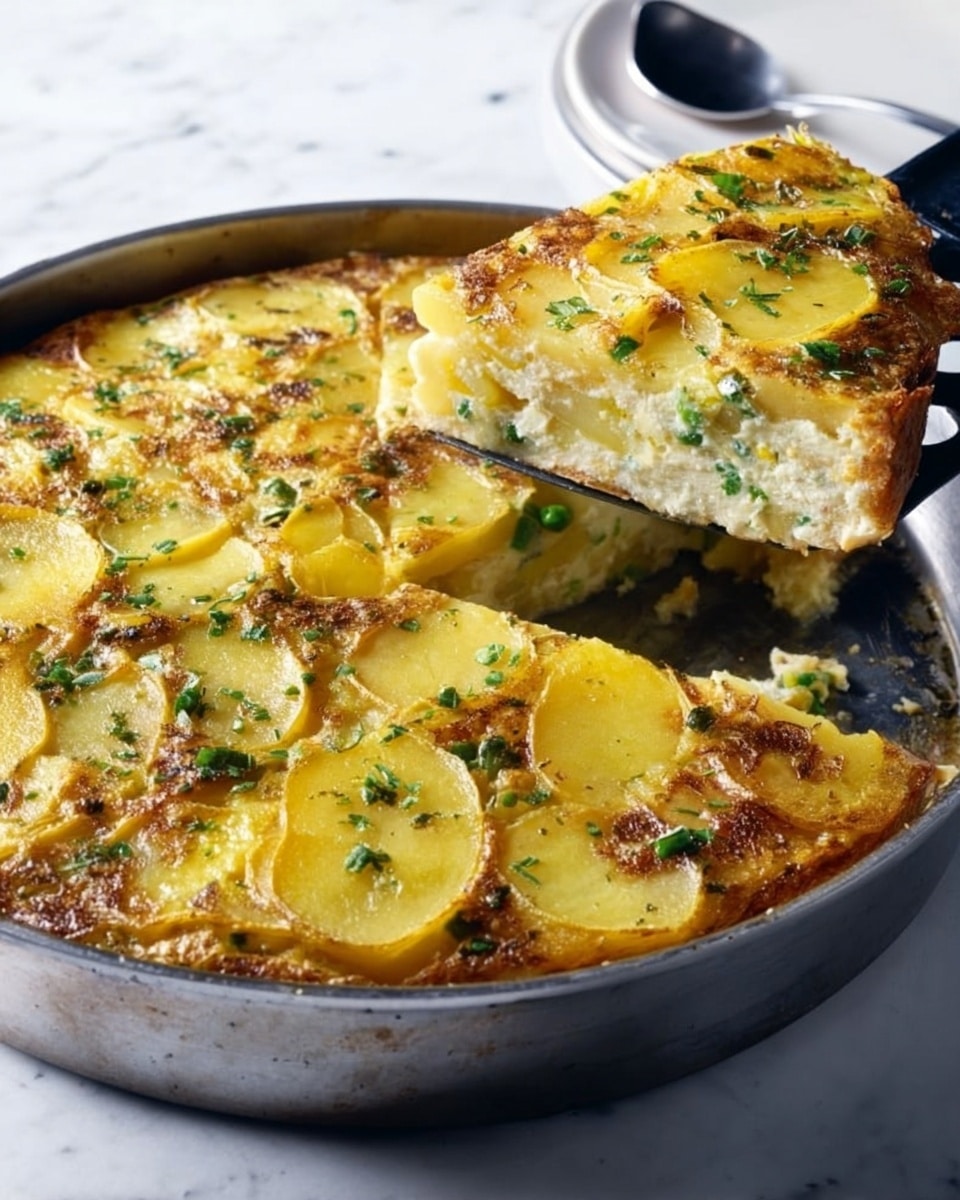 The image shows a round baked dish cut into slices in a silver pan, placed on a white marbled surface. The dish has several layers: the top layer is golden brown with visible slices of yellow potatoes and bits of green herbs. Underneath, there is a creamy, light yellow layer with pieces of green vegetables mixed in. The sides of the dish show a soft, slightly browned crust. A black spatula and a silver spoon rest on the edge of the pan, lifting one slice slightly. Photo taken with an iphone --ar 4:5 --v 7