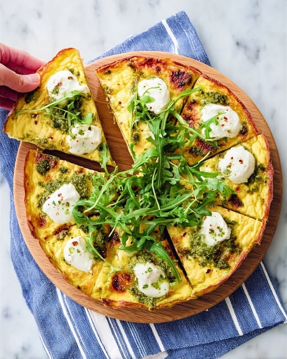 A round pizza with a golden-brown crispy crust rests on a wooden board placed on a white marbled surface with a blue and white striped cloth under it. The pizza is cut into six slices, one slice slightly separated and held by a woman's hand at the top left. The pizza has a yellowish creamy base layer, likely cheese, topped with evenly placed dollops of white soft cheese. Green dollops of pesto sauce with a slightly coarse texture are scattered on and around the cheese. Fresh green arugula leaves, long and slightly curly, are placed mainly in the center, spreading out a little toward the edges. The whole scene is bright and well-lit, capturing the fresh ingredients clearly. Photo taken with an iphone --ar 4:5 --v 7