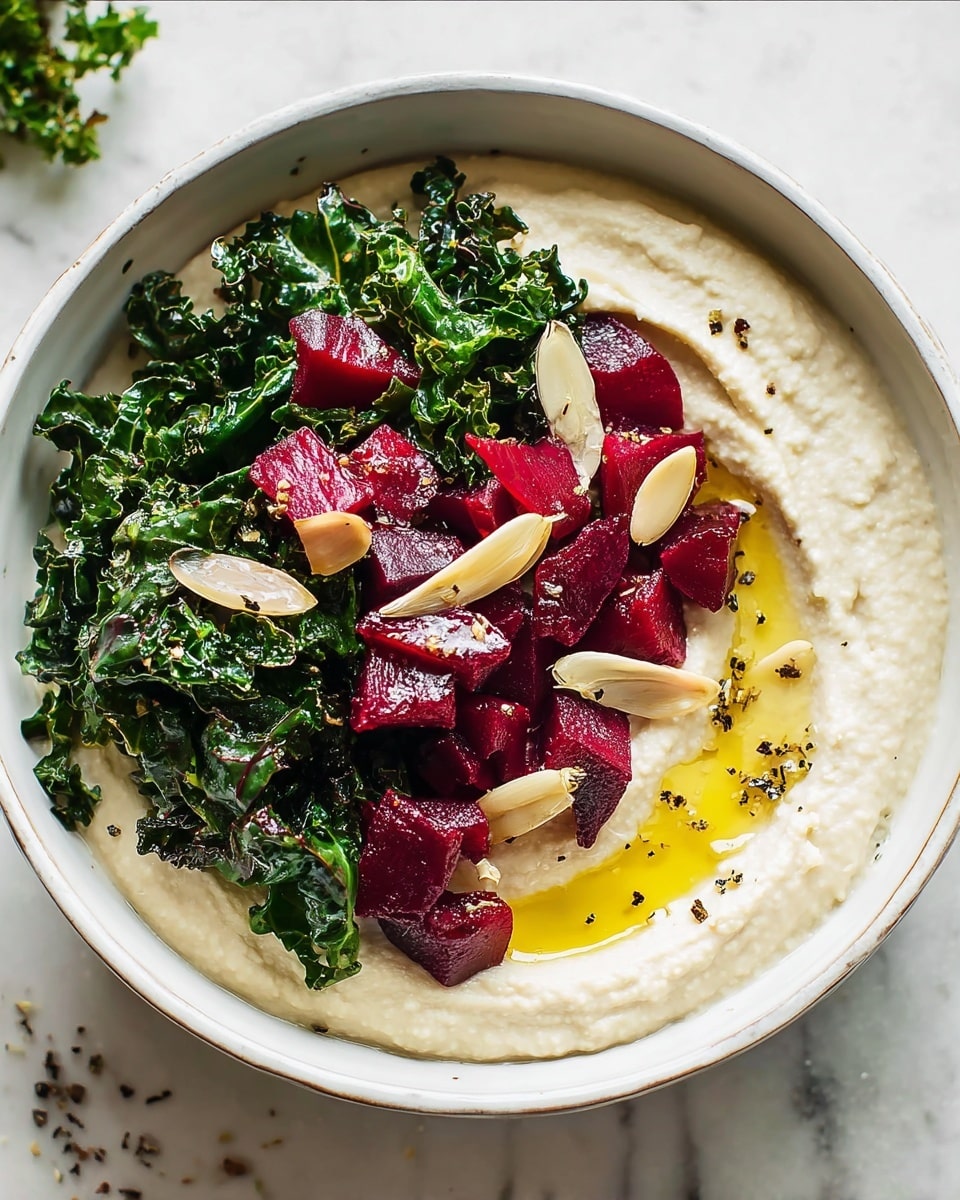 A white bowl filled with three layers: the bottom layer is smooth, creamy white hummus spread evenly across the bowl with a few drops of golden olive oil on top, the middle layer is a heap of dark green cooked kale with a slightly glossy texture, and the top layer features bright red beet cubes scattered over the kale along with thin, light golden toasted garlic slices. Small black pepper flakes are sprinkled around the dish, sitting on a white marbled surface. photo taken with an iphone --ar 4:5 --v 7