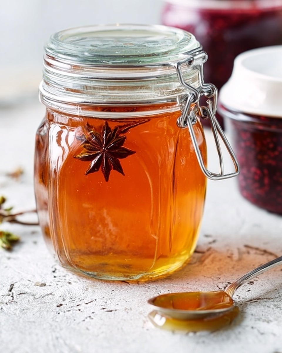 The image shows a glass jar filled with light brown honey with a star anise inside, creating a star shape near the center. The jar has a metal clasp lid resting open at the back, and it sits on a white marbled surface with some worn wooden texture visible. In front of the jar, a silver spoon with sticky honey on it lies flat on the surface. To the right, there is a small white jar filled with dark red jam, and a silver spoon rests beside it. The overall setting is bright with soft natural light, capturing the clear, glossy texture of the honey and jam. photo taken with an iphone --ar 4:5 --v 7