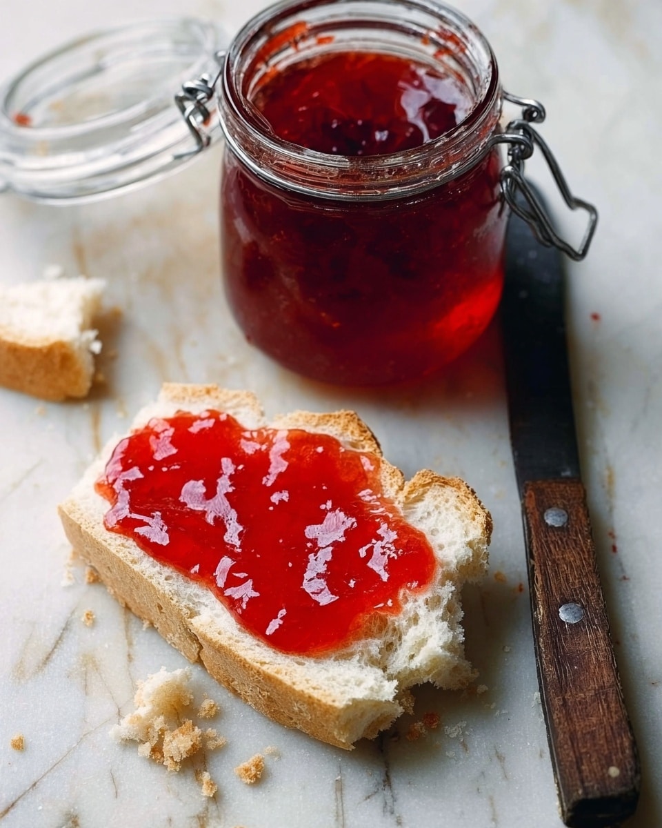 A close-up image of a piece of torn bread spread with a thick layer of white creamy butter, topped with a shiny, deep red jam in uneven, glossy streaks. The bread sits on a wooden board scattered with a few crumbs. Behind it, a glass jar full of red jam with a simple metal clasp is slightly out of focus. To the right of the bread, a dark-handled knife with jam residue rests on the board. The background is softly blurred with warm tones, all placed on a white marbled texture. photo taken with an iphone --ar 4:5 --v 7