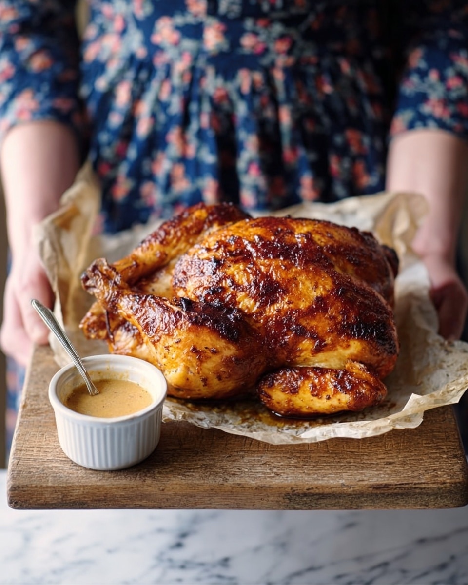 A whole roasted chicken with crispy, golden-brown skin sits on a piece of brown parchment paper on a wooden board, showing charred spots and textured skin. To the left side of the chicken on the board is a white ramekin filled with light brown sauce and a spoon inside. A woman's hand holds the board from the side, dressed in a dark cardigan and floral dress. The background is blurred with a white marbled texture showing below. Photo taken with an iphone --ar 4:5 --v 7