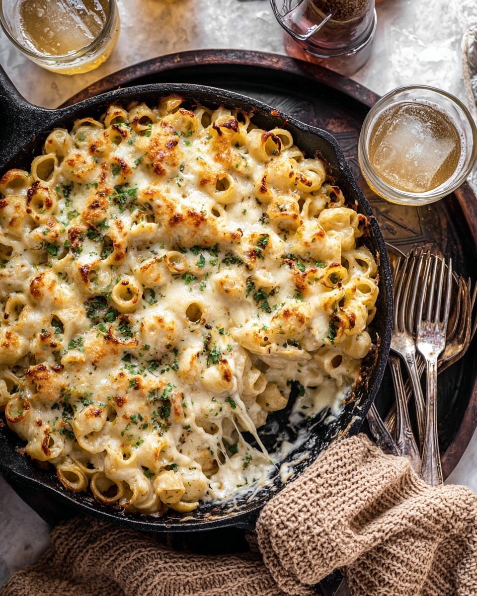 This image shows a close-up of a deep black skillet filled with creamy baked pasta. The top layer is golden brown melted cheese sprinkled with finely chopped green herbs, creating a slightly crispy texture in some spots. Underneath is a thick layer of sauce mixed with small, round, shell-shaped pasta coated in a rich, creamy white and light beige sauce, with visible specks of pepper and herbs. The dish rests on a rustic metal tray with antique silver forks and spoons to the side. The whole setup is placed on a white marbled textured surface, with a knitted grey cloth hanging in the corner. Photo taken with an iphone --ar 4:5 --v 7