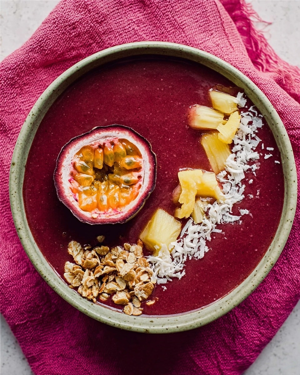 A white bowl filled with a thick dark red smoothie base, smooth and glossy in texture, topped on one side with oats scattered in a curved line, thin white coconut flakes, and four chunks of yellow pineapple placed in a row. On the top left edge of the bowl, there is a half passion fruit with visible yellow pulp and black seeds. The bowl is on a bright pink cloth that contrasts with the white marbled texture background. Photo taken with an iphone --ar 4:5 --v 7