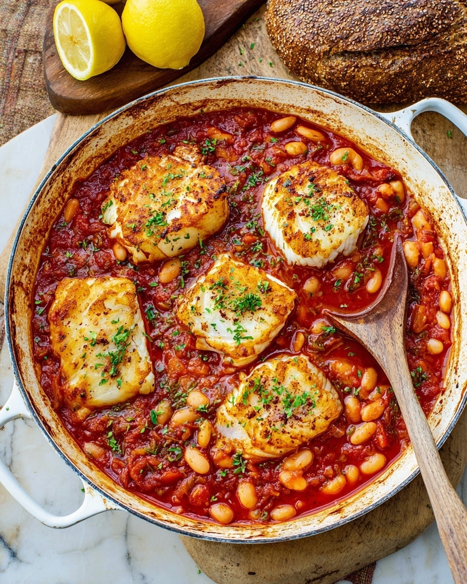 A white pot filled with a thick red tomato sauce layered with large white beans scattered throughout. Five pieces of cooked white fish with golden-brown seared tops sit on the sauce, sprinkled with fresh green herbs. A silver spoon rests inside the pot on the right side. In the top right corner, a white marbled wooden board holds a cut lemon and a loaf of seeded brown bread. The setting is on a white marbled texture surface. photo taken with an iphone --ar 4:5 --v 7
