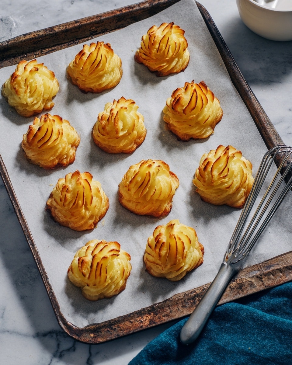 The image shows ten small, golden brown Duchess potato swirls arranged in two loose rows on white baking paper that covers a dark baking tray. Each potato swirl has a soft, creamy yellow interior with ridged, piped edges that are lightly toasted to a warm brown, creating a textured, airy appearance. The swirls are puffed and slightly peaked, sitting alone on the paper without overlapping. To the right, a metallic spatula rests partially on the tray, and the background surface is a white marbled texture with a dark blue cloth visible near the top right corner. Photo taken with an iphone --ar 4:5 --v 7