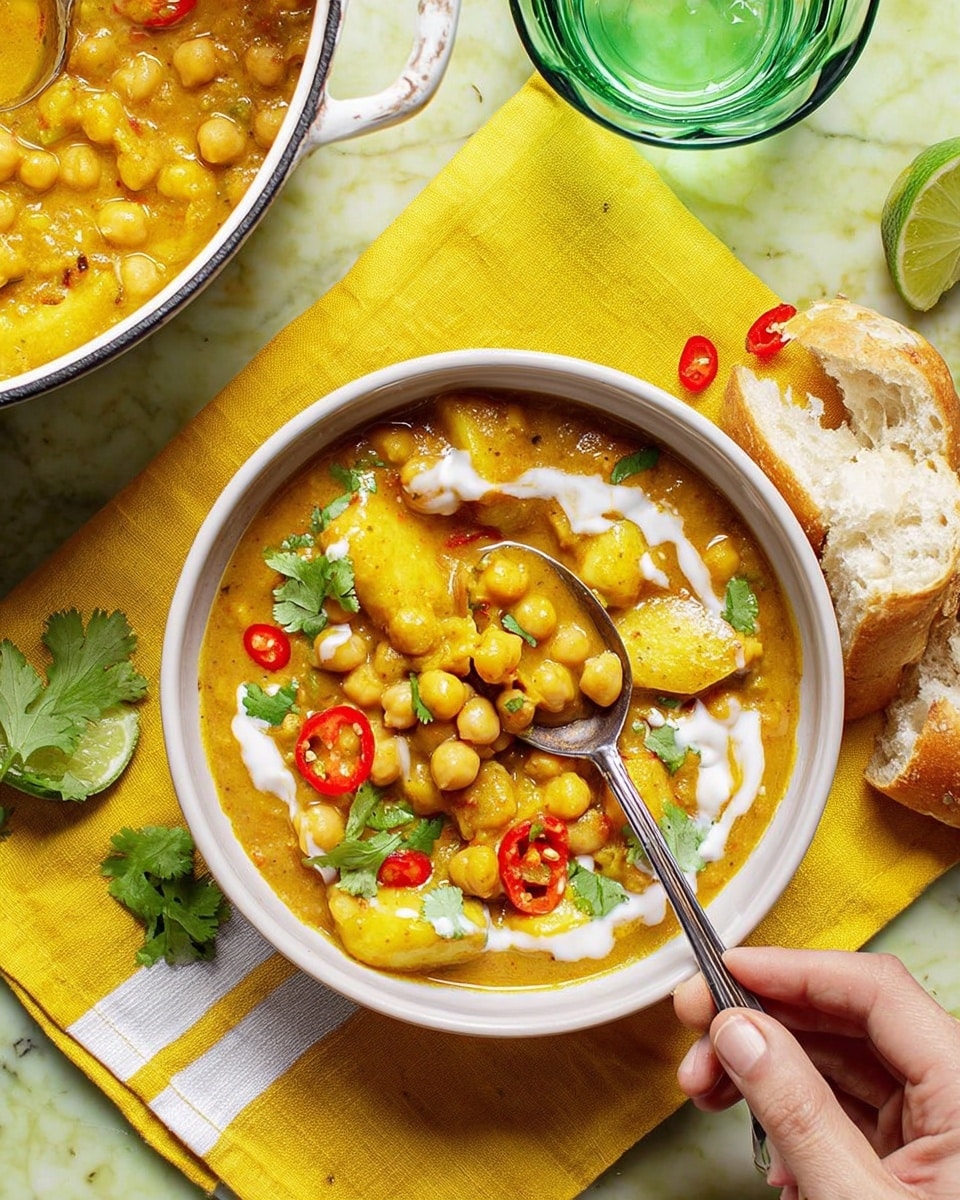 The image shows two white bowls filled with a thick yellow curry stew made of chickpeas and slices of soft yellow plantains. The stew is layered with colorful red and green chili peppers and fresh green cilantro leaves on top. A drizzle of white coconut milk is spread over the curry, adding a creamy texture. One bowl has a spoon scooping some of the curry, held by a woman's hand. Beside the bowls, there are two pieces of torn flatbread placed on a white marbled surface with a yellow striped cloth nearby. A small glass of lime water with ice is also visible, resting next to a metal grater. The whole setup is on a vibrant yellow fabric background. photo taken with an iphone --ar 4:5 --v 7