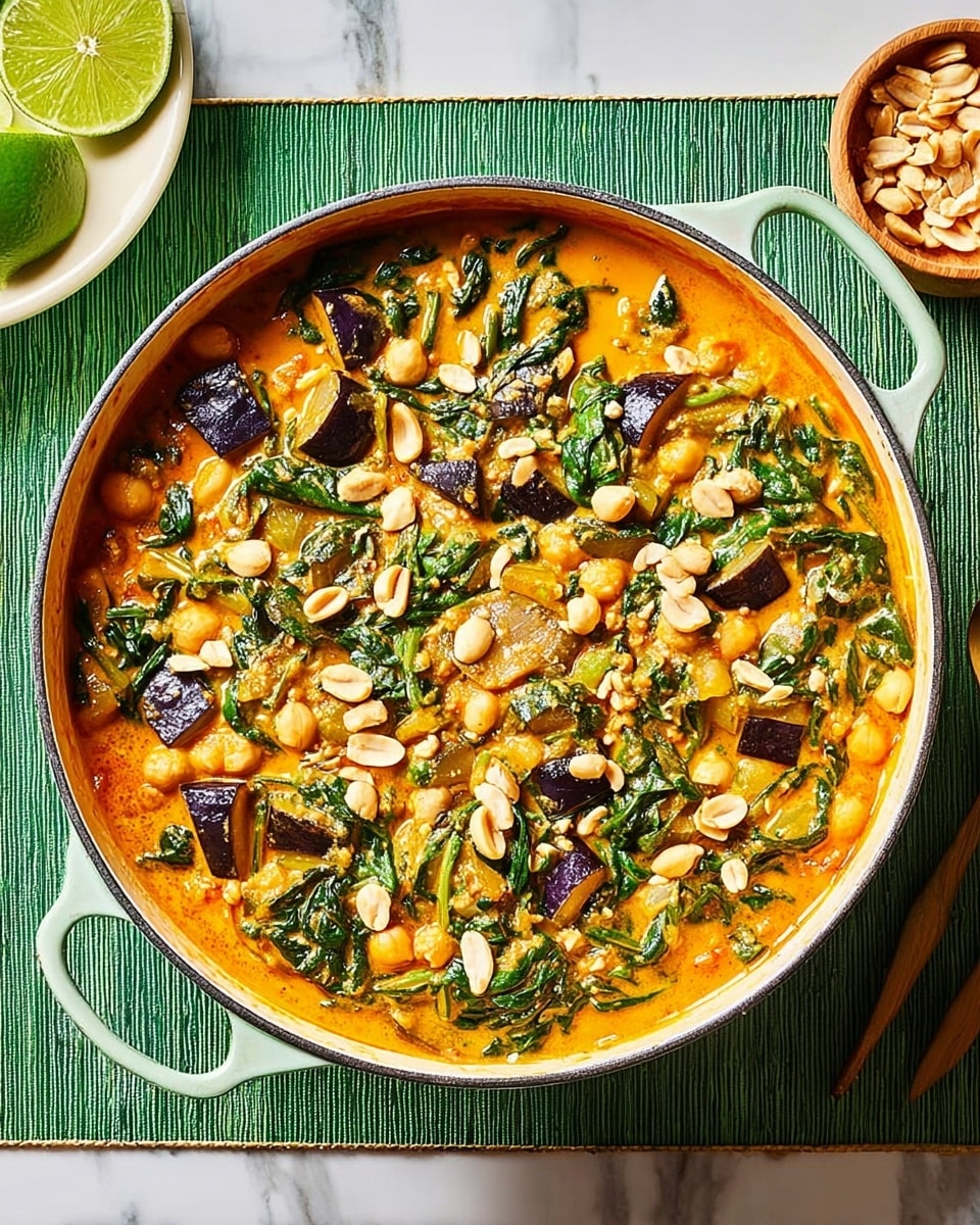 A large white pot filled with a thick, orange curry with visible chunks of golden chickpeas and wilted dark green spinach leaves scattered throughout. There are small pieces of browned, grilled eggplant mixed in, adding hints of deep purple and charred textures. On top, roughly chopped light brown peanuts are sprinkled, adding a crunchy texture contrast. The pot rests on a green woven mat with a halved lime placed nearby on a white marbled surface. photo taken with an iphone --ar 4:5 --v 7