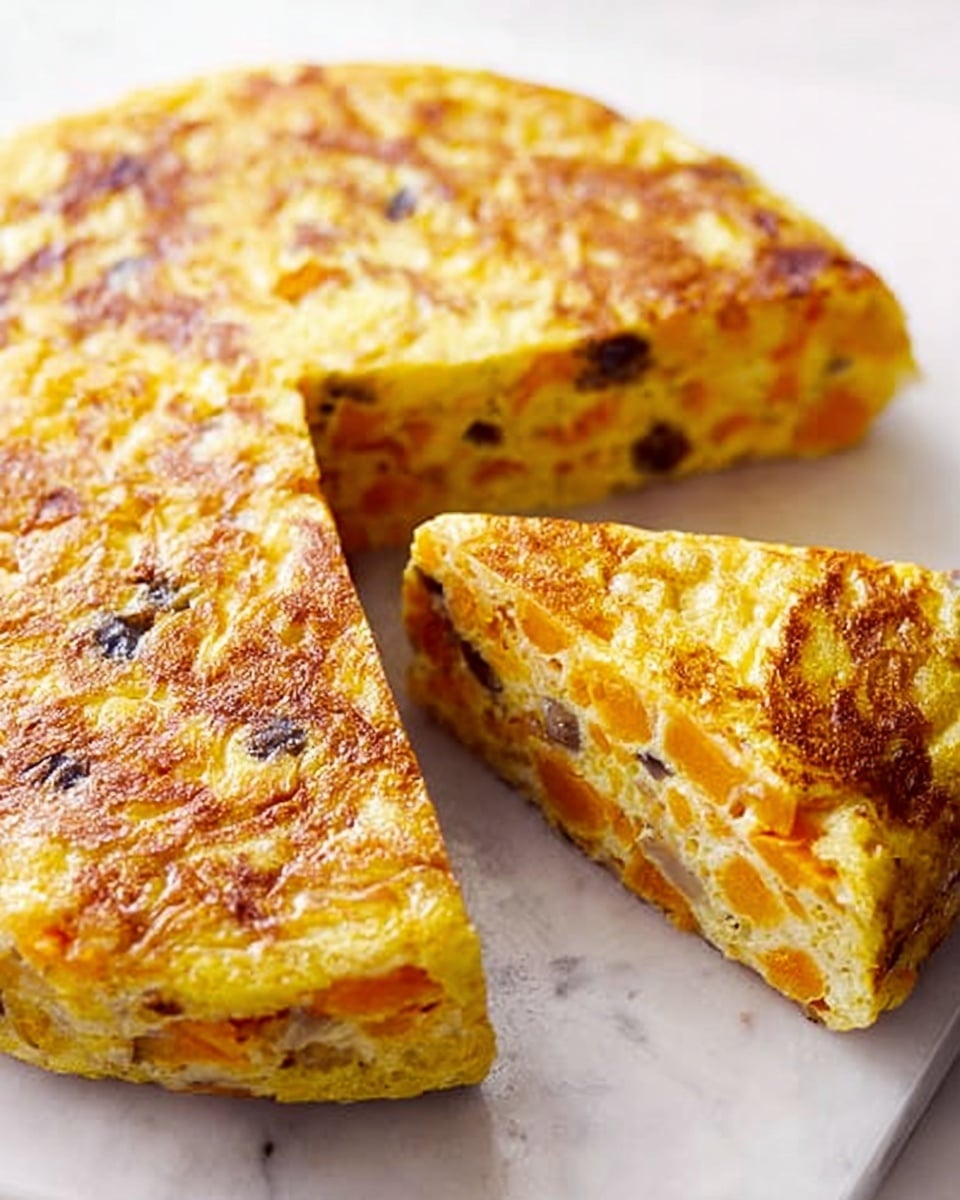 A round, golden-brown frittata cut into wedges is shown on a white marbled surface. The frittata has a slightly crispy top with visible pieces of soft, orange vegetables layered inside the light, fluffy egg base. The texture inside looks moist with evenly distributed chunks of orange vegetables throughout two layers of the egg mixture. The overall look is thick and hearty, with a slightly browned crust around the edges. Photo taken with an iphone --ar 4:5 --v 7