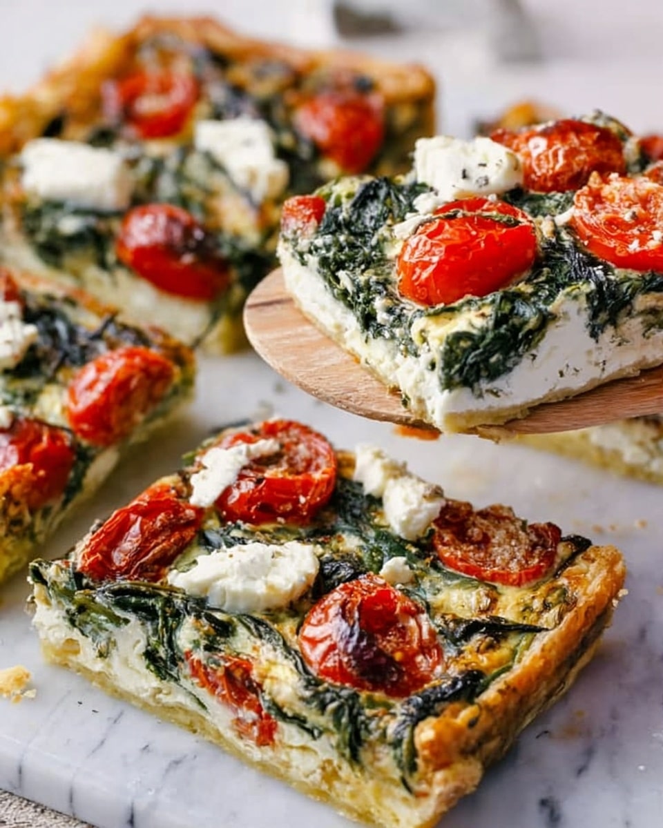 A close-up of four square slices of a vegetable tart on a white marbled surface, each slice showing three clear layers: a thin, golden-brown crust at the bottom, a white creamy cheese layer with a soft texture in the middle, and toppings including bright red cherry tomatoes, dark green spinach leaves, and small dollops of white cheese evenly spread on top. The edges of the crust are slightly crispy, and some light seasoning can be seen sprinkled on the cheese. A woman's hand is holding one slice on a wooden spatula, lifting it slightly above the surface. Photo taken with an iphone --ar 4:5 --v 7