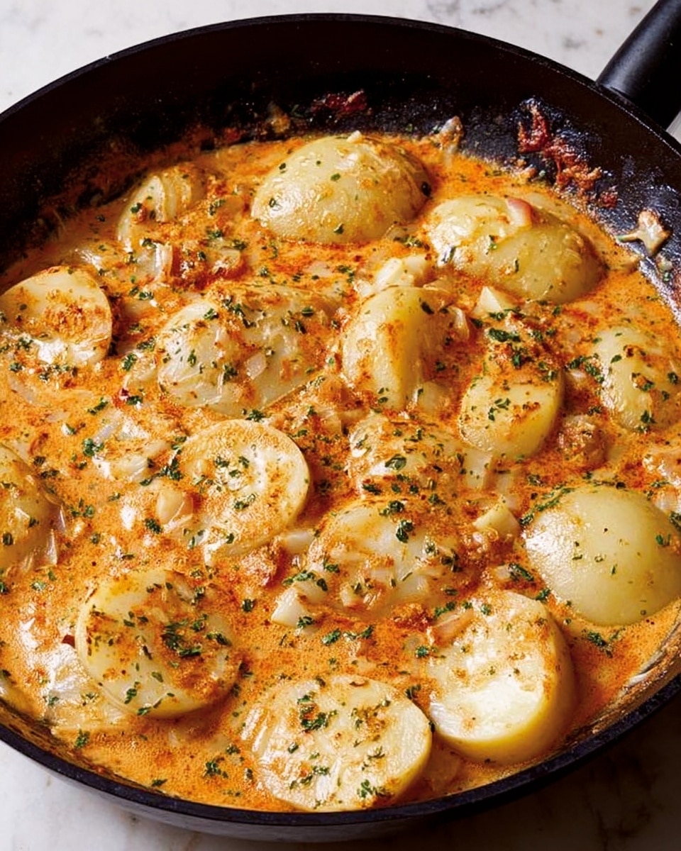 A round black cast iron skillet filled with a baked dish that has a golden brown top layer with patches of white, soft potato slices visible throughout. The surface looks creamy and slightly crispy, dotted with green herbs sprinkled evenly, adding a fresh touch. There is a dark cooking spoon placed inside, slightly touching the edge of the dish. The skillet sits on a white marbled textured surface. photo taken with an iphone --ar 4:5 --v 7