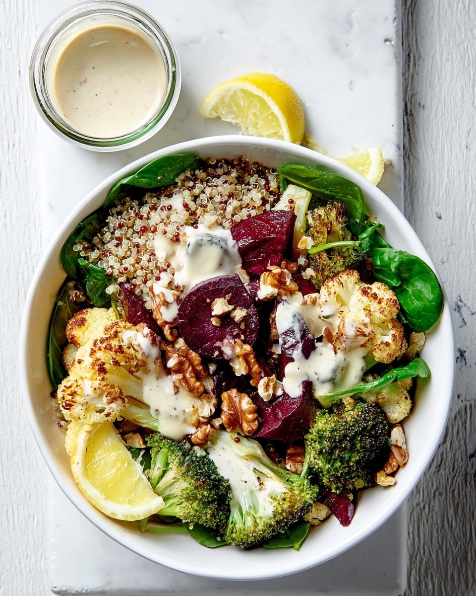 A white bowl filled with several layers starting with a base of cooked quinoa, topped with fresh green spinach leaves and roasted vegetables including browned cauliflower and broccoli. There are dark red beet pieces scattered on top along with small walnut chunks. A creamy white sauce is drizzled over the dish, and two lemon wedges sit on one side inside the bowl. A small glass jar with more of the creamy sauce is placed nearby on a white marbled surface. Photo taken with an iphone --ar 4:5 --v 7