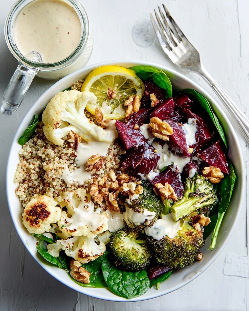 A white bowl filled with a salad that has about four layers: at the bottom, a grain layer with light brown cooked quinoa; above it, bright green fresh spinach leaves scattered around; next, roasted vegetables including white and slightly charred cauliflower and dark green, roasted broccoli; on top, dark red roasted beet pieces and walnut pieces sprinkled over everything. Two lemon wedges sit on the edge of the bowl and a creamy white dressing is drizzled over the salad. A small clear jar with more dressing sits on the white marbled surface nearby, and a woman's hand with a fork is reaching from the top left. photo taken with an iphone --ar 4:5 --v 7
