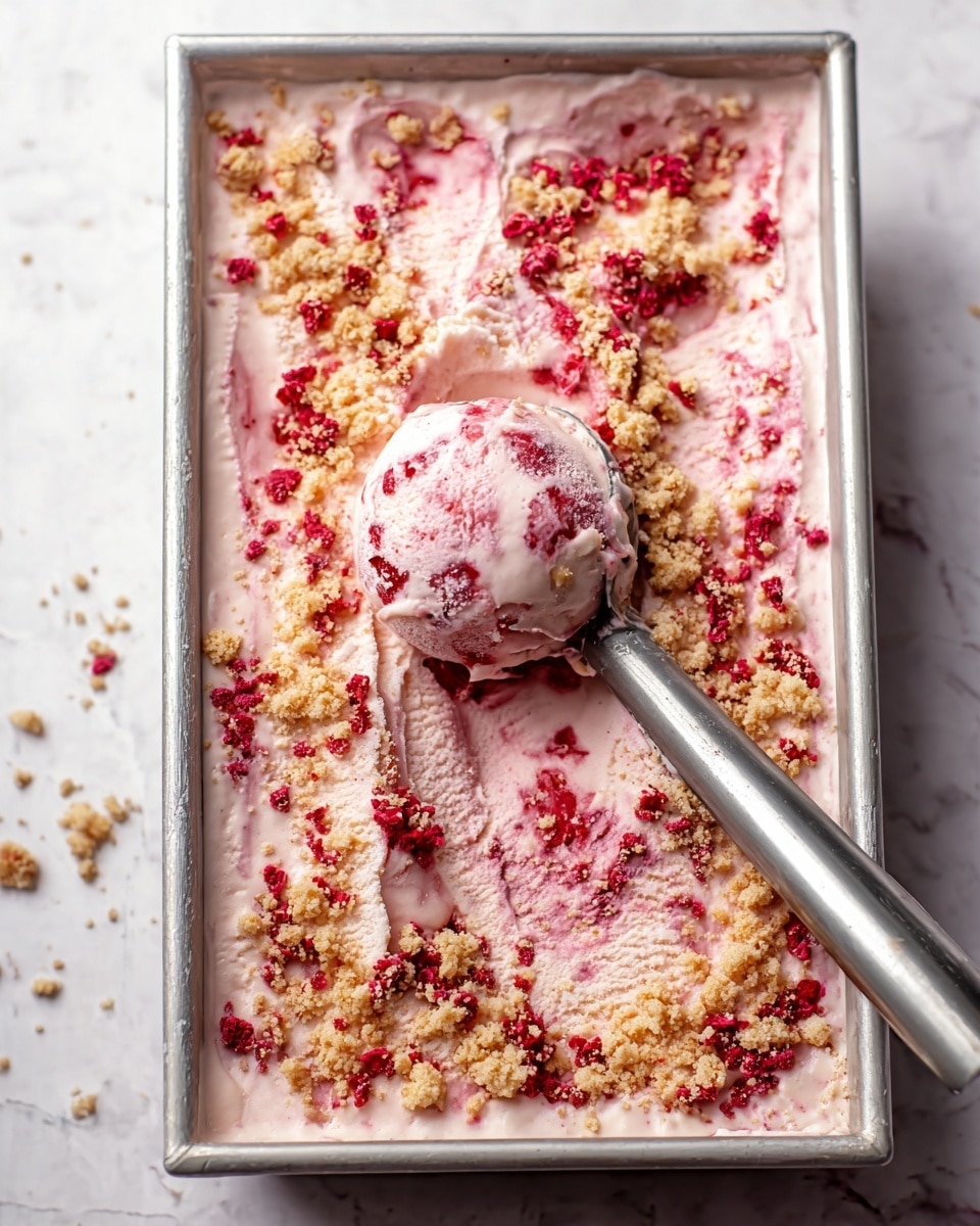 A rectangular metal tray holds a creamy pink ice cream with mixed red berry pieces and beige crumbly topping scattered evenly on the surface; the ice cream is swirled with darker pink and white shades, showing soft, smooth texture. An ice cream scooper is partially digging into the middle, lifting a scoop with a mix of pink ice cream and red bits. The tray is placed on a white marbled texture, adding a soft elegant look to the setting. photo taken with an iphone --ar 4:5 --v 7