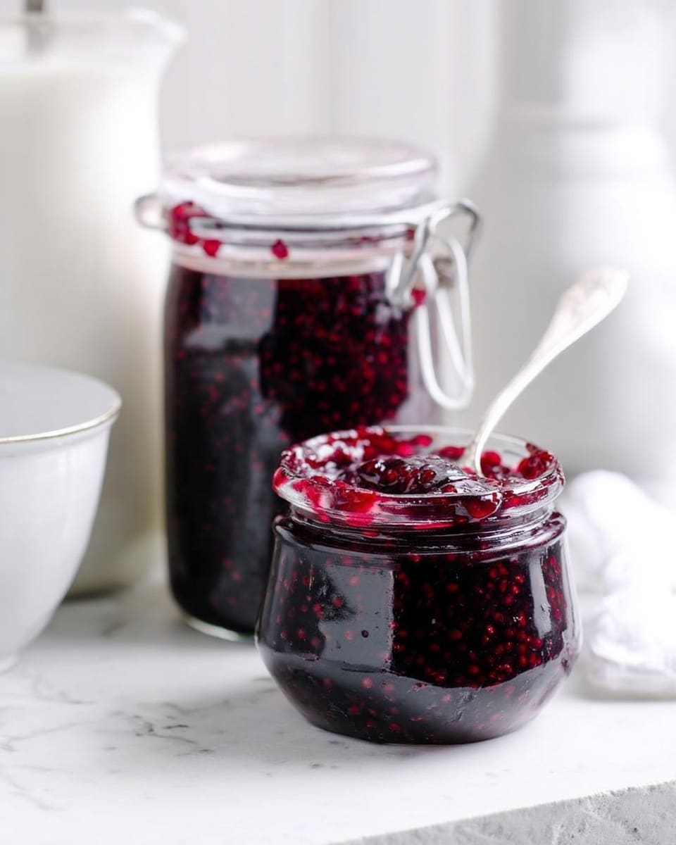 The image shows two glass jars filled with dark red berry jam placed on a white marbled surface. The smaller jar in front is open and filled with thick, glossy jam with visible whole berries. A spoon with jam on it rests on the rim of this jar. Behind it, there is a taller jar also filled with the same jam and sealed with a clear lid. To the left side, part of a white container and a metal syrup dispenser with a shiny surface are visible, adding simple kitchen elements to the scene. The overall setting is bright and clean, focusing on the rich color and texture of the jam. photo taken with an iphone --ar 4:5 --v 7