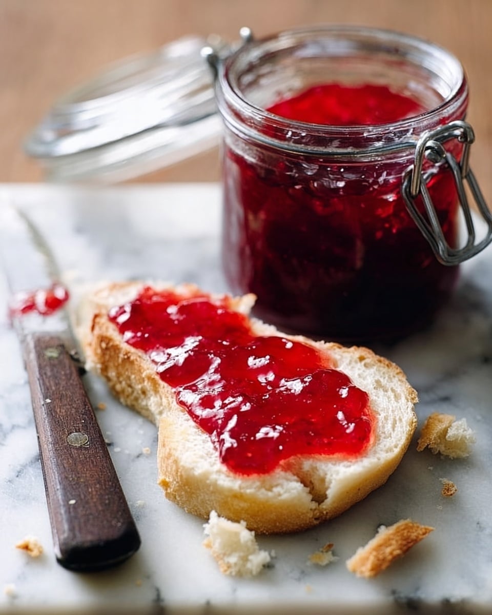 A piece of soft white bread split open is spread with a shiny layer of bright red jam, showing a smooth and glossy texture. The bread has a light crust with a soft and slightly fluffy inside. Next to the bread is a white jar filled with the same red jam, with a metal clasp on its lid. A knife with a dark handle rests beside the bread, its blade slightly smeared with red jam. The scene is set on a white marbled surface scattered with a few crumbs. photo taken with an iphone --ar 4:5 --v 7