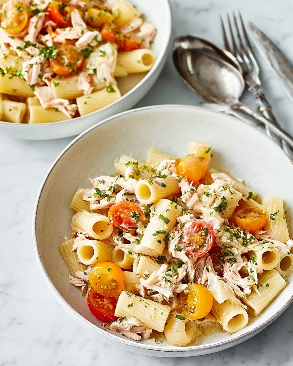 Two white bowls filled with pasta sit on a white marbled surface. Each bowl contains a layer of wide, tube-shaped pasta in light yellow, mixed with pieces of light pink cooked chicken and slices of small red cherry tomatoes. The pasta dish is topped with chopped green herbs and black pepper, adding a speckled green and black texture. A woman's hand holds a silver fork above the top right bowl. Photo taken with an iphone --ar 4:5 --v 7