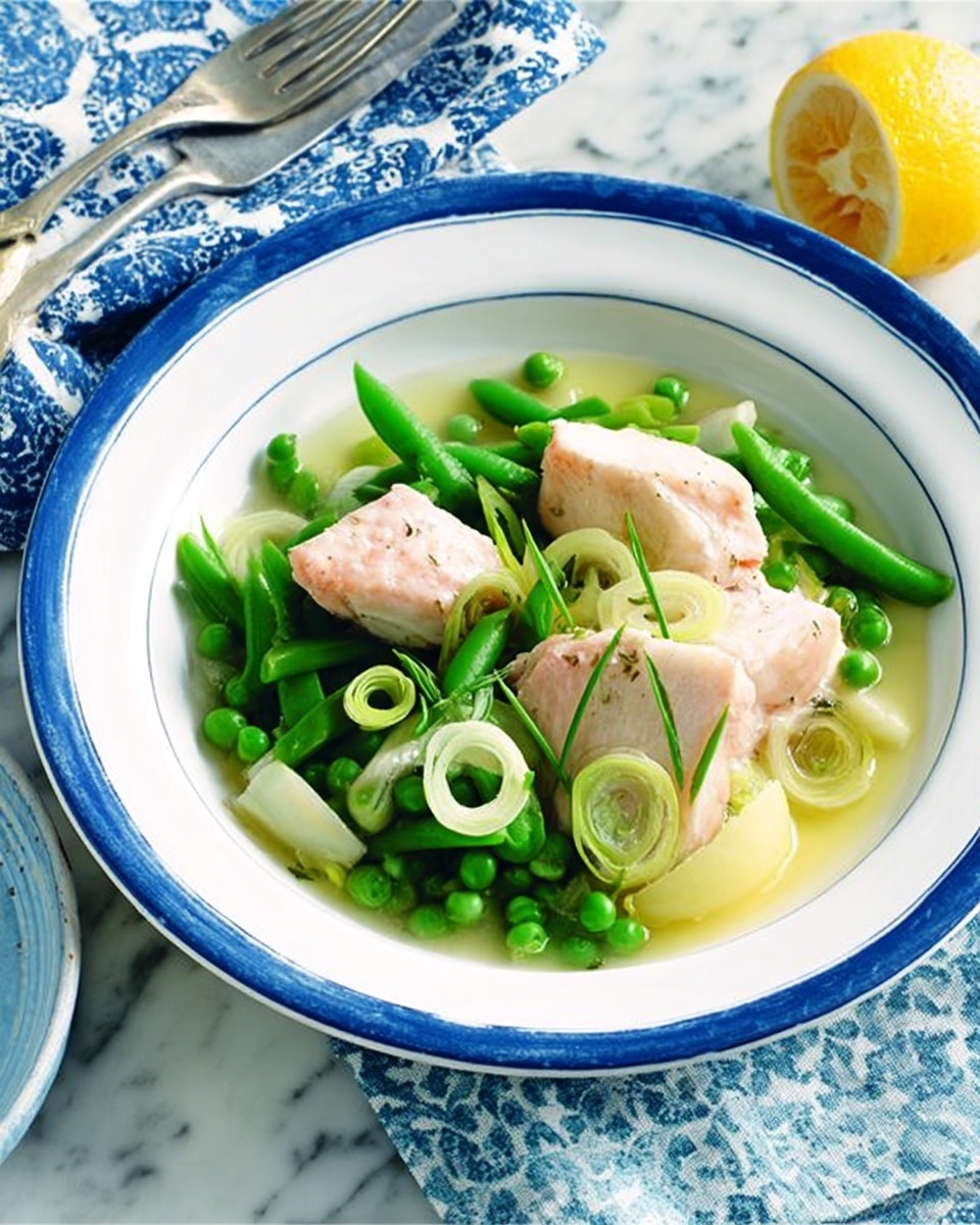 The image shows a white plate with a blue rim filled with a colorful fish and vegetable dish. There are two thick, light pinkish-white fish pieces placed on top, surrounded by bright green beans, green peas, and chopped leeks. Light yellow potato pieces add contrast at the bottom, and a lemon wedge leans against the side of the plate. The plate sits on a white marbled surface with a blue floral cloth napkin and silver fork nearby, creating a fresh and inviting presentation. photo taken with an iphone --ar 4:5 --v 7
