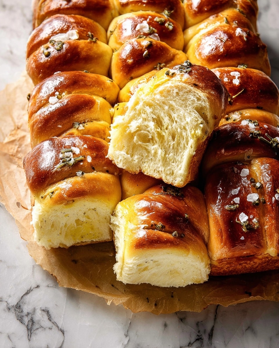 The image shows a golden-brown pull-apart bread made of twelve thick pieces with shiny tops, brushed with herb butter and sprinkled with coarse salt. Each piece has soft, fluffy, pale yellow inside layers visible where some sections are pulled apart, showing a light texture with swirls of butter and herbs inside. The bread is resting on a piece of parchment paper on a rustic wooden surface, with a cloth and part of a patterned dish visible on the side. photo taken with an iphone --ar 4:5 --v 7