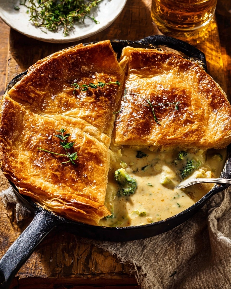 A round pie with a golden-brown, puffed-up crust covers a cast-iron pan, with a section cut out revealing a creamy, light beige filling mixed with green broccoli pieces. The crust is shiny and flaky with a few small cracks, sprinkled lightly with coarse salt and garnished with fresh sprigs of green thyme on top. The spoon inside the pan dips into the creamy filling. The pan is placed on a wooden surface, with a gray cloth partly visible near the handle and a glass of amber liquid nearby, all against a white marbled texture. photo taken with an iphone --ar 4:5 --v 7