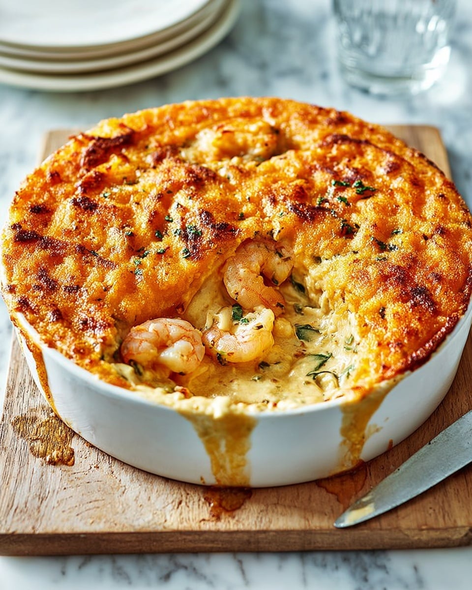 A round white dish filled with a baked casserole shows two distinct layers: the top layer is a thick, textured, golden-brown crust with small charred spots, looking crispy and irregular with fork marks visible, while the bottom layer is creamy and pale yellow-orange with pieces of shrimp and green herbs mixed in, slightly spilling over the edges of the dish. The dish sits on a wooden board placed on a white marbled surface, next to a silver knife and a blank glass cup in the background. photo taken with an iphone --ar 4:5 --v 7