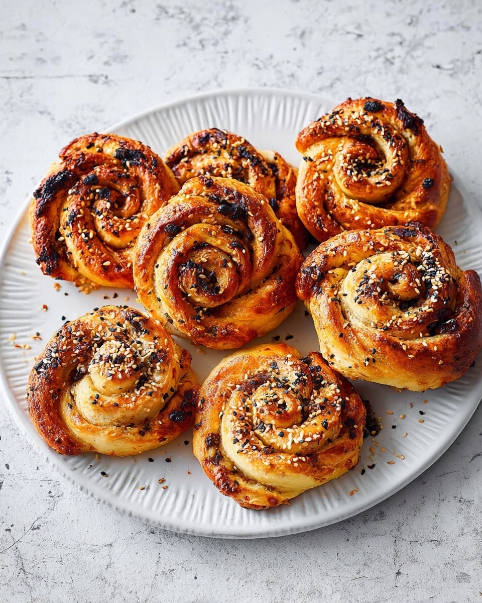 The image shows seven golden-brown spiral pastries arranged on a white textured rectangular plate. Each pastry has a twisted swirl shape with visible layers of dough intertwined with dark bits, possibly olives or seasoning, giving a mix of light beige and dark black colors. The tops of the pastries are sprinkled with black and white sesame seeds, adding texture and contrast. The crust appears flaky with some darker, slightly charred spots giving a rustic look. The plate sits on a white marbled surface that contrasts softly with the warm colors of the pastries. photo taken with an iphone --ar 4:5 --v 7