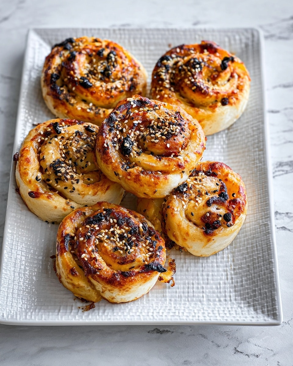 Seven golden-brown swirled rolls are arranged close together on a white plate with a delicate embossed pattern. Each roll shows flaky layers twisted into a round shape, with a mix of black and white sesame seeds sprinkled on top for texture and color contrast. Dark bits of what looks like olives are visible inside the layers, adding spots of deep black among the warm, toasted dough. The plate sits on a white marbled surface that softly contrasts with the warm tones of the rolls, helping them stand out. photo taken with an iphone --ar 4:5 --v 7