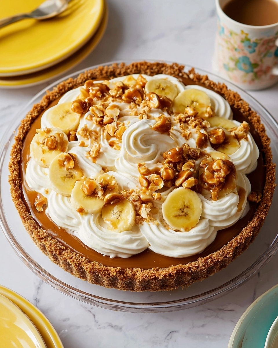 A pie with three clear layers in a circular shape, starting from the bottom there is a thick, crumbly brown crust with rough edges, above it a smooth caramel layer covers the base evenly, topped by a thick layer of whipped cream with soft swirls. Banana slices are partially visible under the whipped cream layer at the edges, adding a pale yellow touch. There are crunchy caramelized nuts scattered on top of the whipped cream, providing a shiny and textured contrast. The pie is on a white plate with colorful brush strokes near the rim, placed on a white marbled textured surface. Photo taken with an iphone --ar 4:5 --v 7
