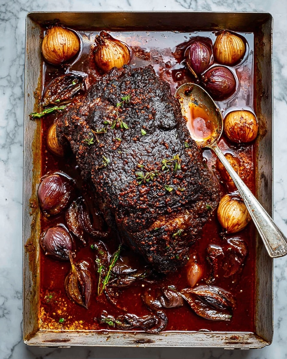 A large piece of roasted meat with a thick, dark, crispy crust sits in the middle of a metal pan filled with a rich, reddish-brown sauce and cooked onions that look soft and caramelized. The meat has a visible bone sticking out from one end, and the sauce pools around it with some green herbs scattered on top. A silver spoon rests on the side of the pan partly dipped in the sauce. The pan is placed on a white marbled surface. photo taken with an iphone --ar 4:5 --v 7