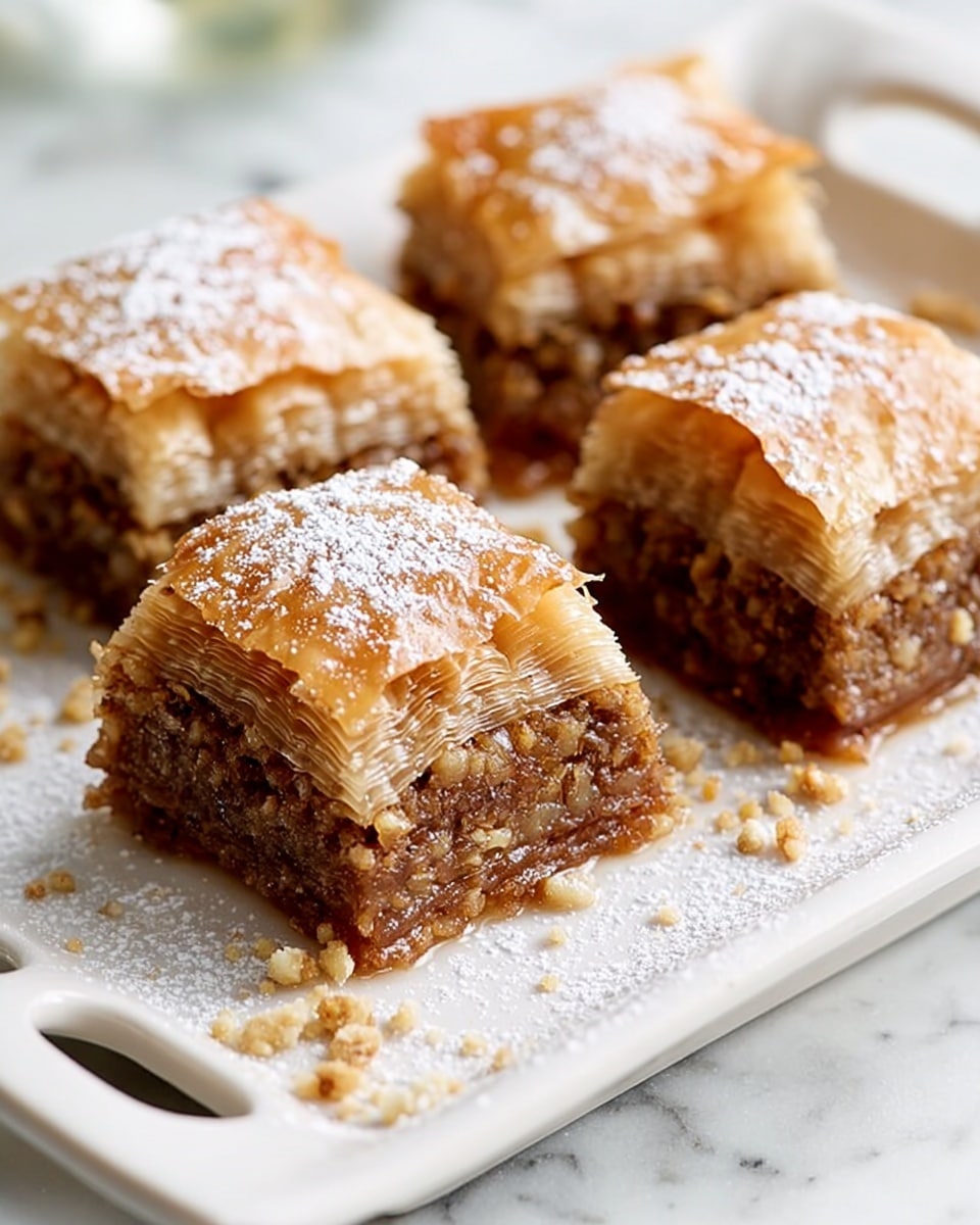 A white rectangular dish holds four square pieces of baklava, each with three visible layers: a top golden-brown, flaky and crisp pastry layer dusted lightly with powdered sugar, a thick middle layer filled with finely chopped, moist, light brown nuts, and a bottom layer of similar flaky pastry. Some small nut crumbs are scattered on the dish near the pieces. The dish sits on a white marbled surface with soft natural light highlighting the shiny, textured layers of the baklava. photo taken with an iphone --ar 4:5 --v 7