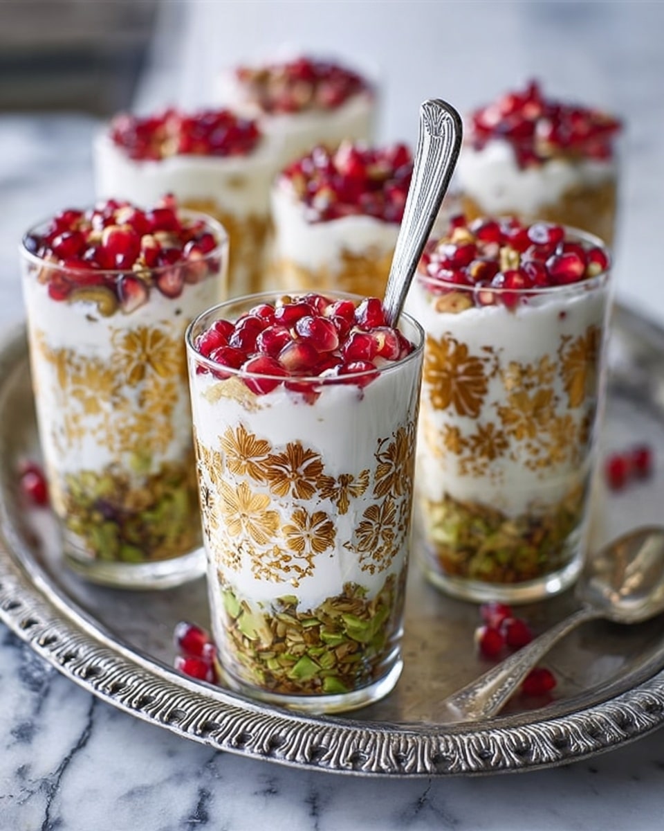 Six transparent glasses with a gold floral pattern sit on a silver tray over a white marbled surface. Each glass has three visible layers: a bottom layer of chunky brown nuts or granola, a middle layer of green pistachios, and a thick top layer of white whipped cream or yogurt. Bright red pomegranate seeds are sprinkled on the top layer in each glass. One glass near the front has a silver spoon inside it. In the background, a woman's hand is visible reaching toward the glasses. photo taken with an iphone --ar 4:5 --v 7