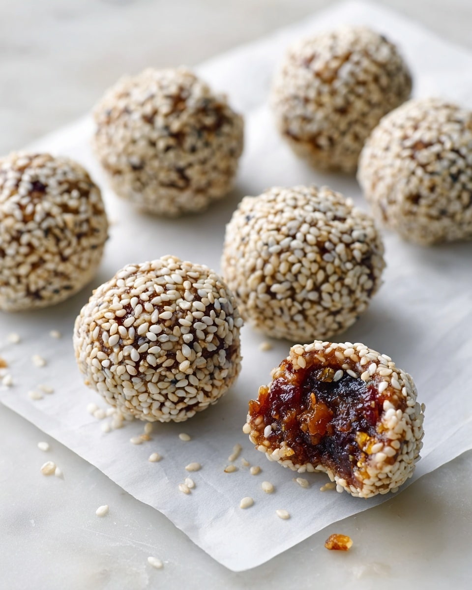 The image shows six round snack balls covered in white sesame seeds, placed on white parchment paper over a white marbled surface. One snack ball is broken in half, revealing a dark brown sticky filling with a slightly shiny and chewy texture inside. The balls look dense and compact, with the sesame seeds evenly sticking to the outside layer. A few sesame seeds are scattered loosely around the snacks. The background is softly blurred to keep focus on the snacks. photo taken with an iphone --ar 4:5 --v 7