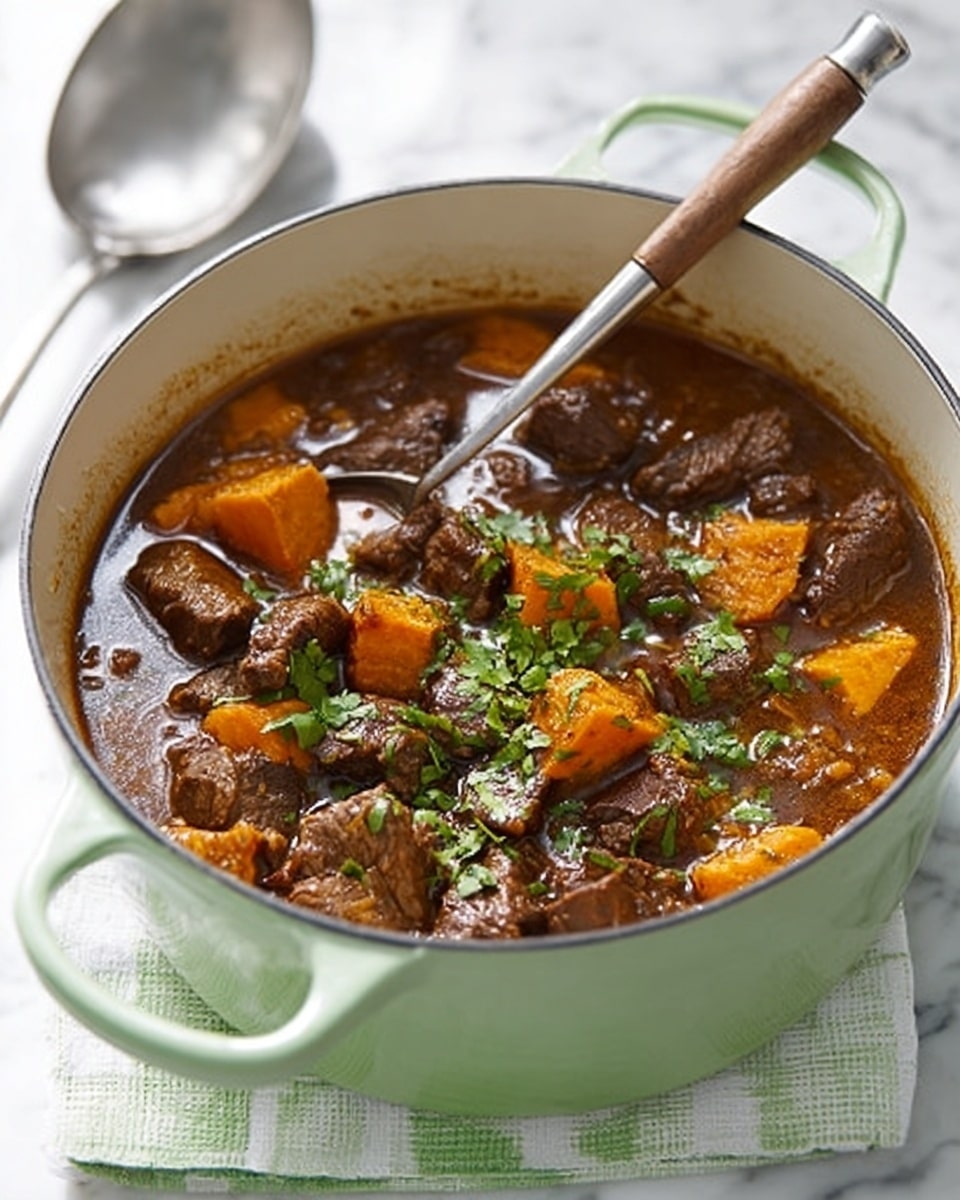 A light green pot filled with a rich brown stew featuring tender chunks of beef and large orange sweet potato pieces, garnished with fresh green cilantro leaves scattered on top. The stew looks thick and hearty with visible sauce coating the ingredients. A silver ladle with a wooden handle is placed inside the pot, resting on the side. The pot sits on a green and white checkered cloth on a white marbled surface with a silver spoon next to it. photo taken with an iphone --ar 4:5 --v 7