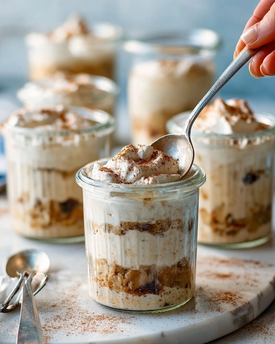 The image shows four small clear glass jars filled with a creamy dessert layered in three parts. The bottom layer is a light beige mix with visible pieces of dark fruit or nuts. The middle layer is thicker, creamy white with some texture. The top layer is white cream with a light dusting of brown powder, likely cinnamon. One jar in front has a silver spoon inside it. The jars are placed on a white marbled surface with some extra brown powder scattered around. Photo taken with an iphone --ar 4:5 --v 7