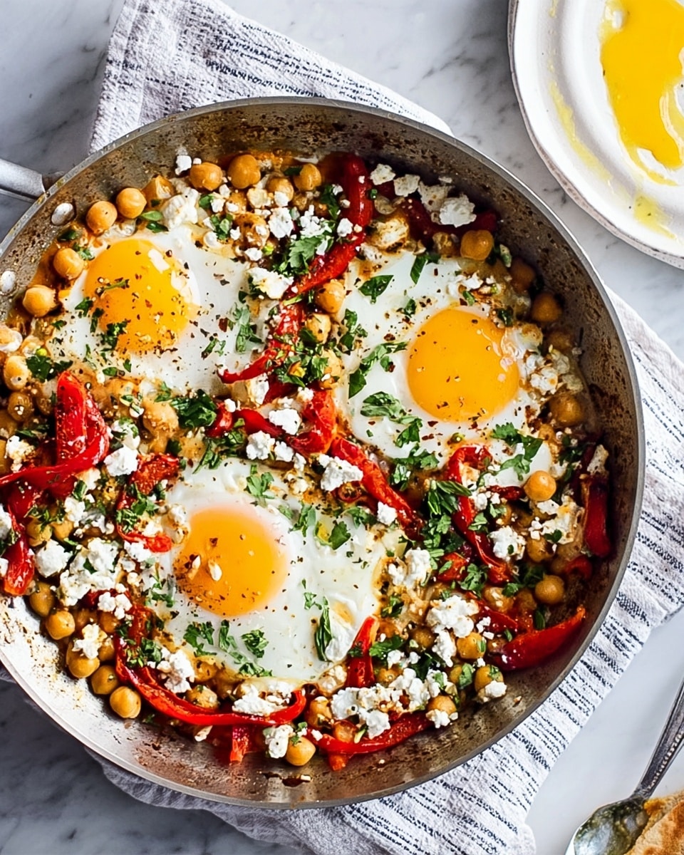 A white skillet filled with a colorful mix of ingredients in three main layers: the bottom layer has tender roasted red pepper strips that peel slightly, the middle layer is a generous spread of round, soft chickpeas with a golden hue, and the top layer consists of four sunny-side-up eggs with bright yellow yolks and white edges, sprinkled with white crumbled cheese and fresh green herbs. The skillet is placed on a white marbled surface with a striped blue and white cloth under one side, and a toasted piece of bread with spread sits nearby. Photo taken with an iphone --ar 4:5 --v 7