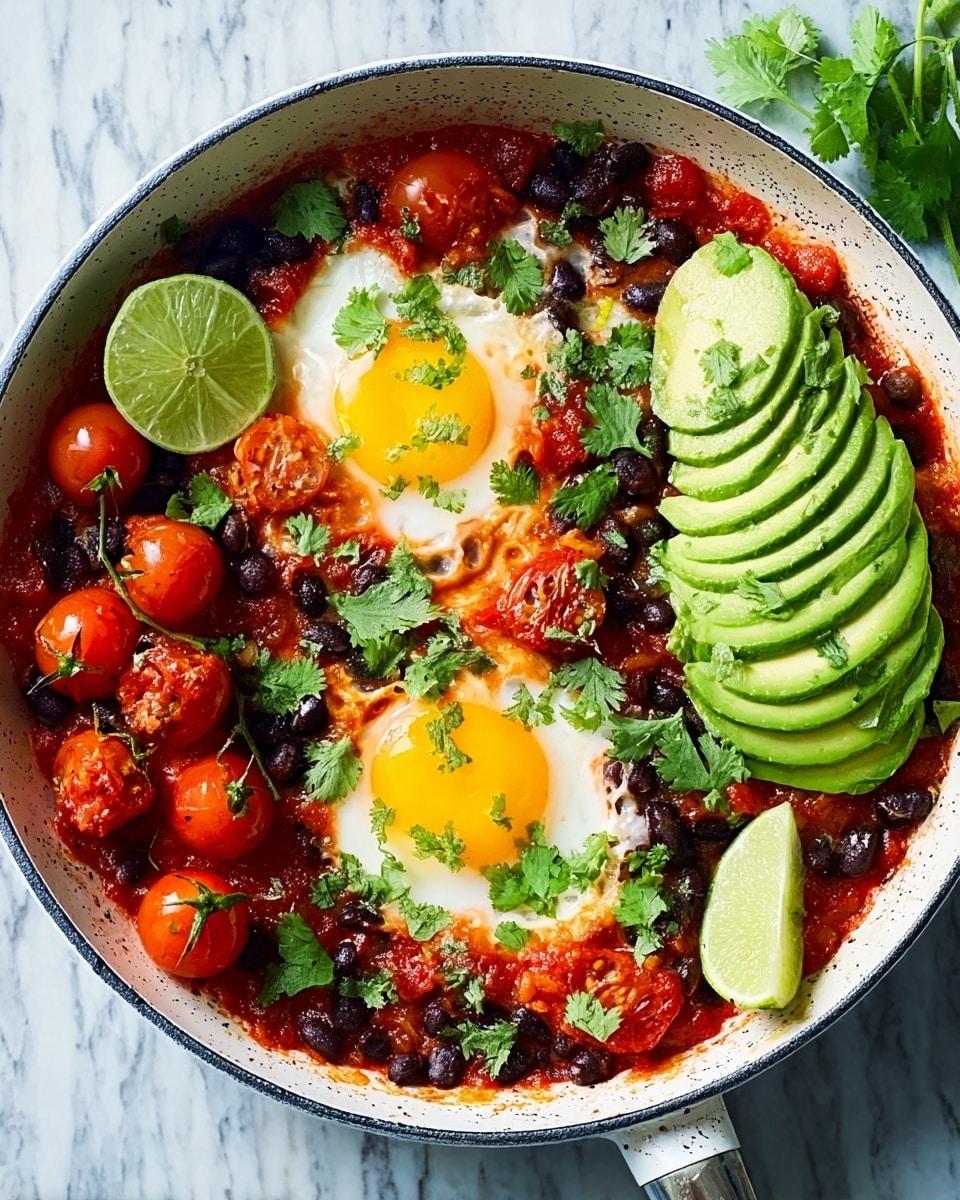 A white plate holds a colorful dish with three layers. The bottom layer is a rich, chunky red sauce spread across the plate, topped by scattered small black beans and whole, bright red cherry tomatoes. On top of this, there are two sunny-side-up eggs with vibrant orange yolks placed near the center. One side of the plate shows two rows of thin, even slices of avocado with a soft green color. A quarter lime with a bright green inside sits near the avocado. Fresh green herbs are sprinkled over the whole dish for a fresh look. The plate rests on a white marbled surface. Photo taken with an iphone --ar 4:5 --v 7
