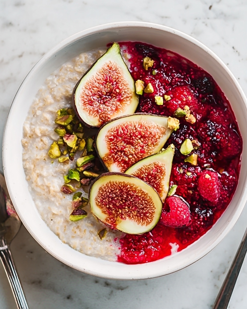 The image shows a white bowl filled with creamy oatmeal that covers about half the bowl on the left side. On the right side, there is a bright red berry sauce with a slightly smooth and chunky texture, appearing juicy and fresh. In the middle, three thin slices of fresh fig with pale green skin and pink flesh are arranged in a fan shape, slightly overlapping. Scattered over the figs and the berry sauce are small pieces of chopped green pistachios, adding texture and contrast. The bowl is placed on a white marbled surface with a spoon nearby. Photo taken with an iphone --ar 4:5 --v 7