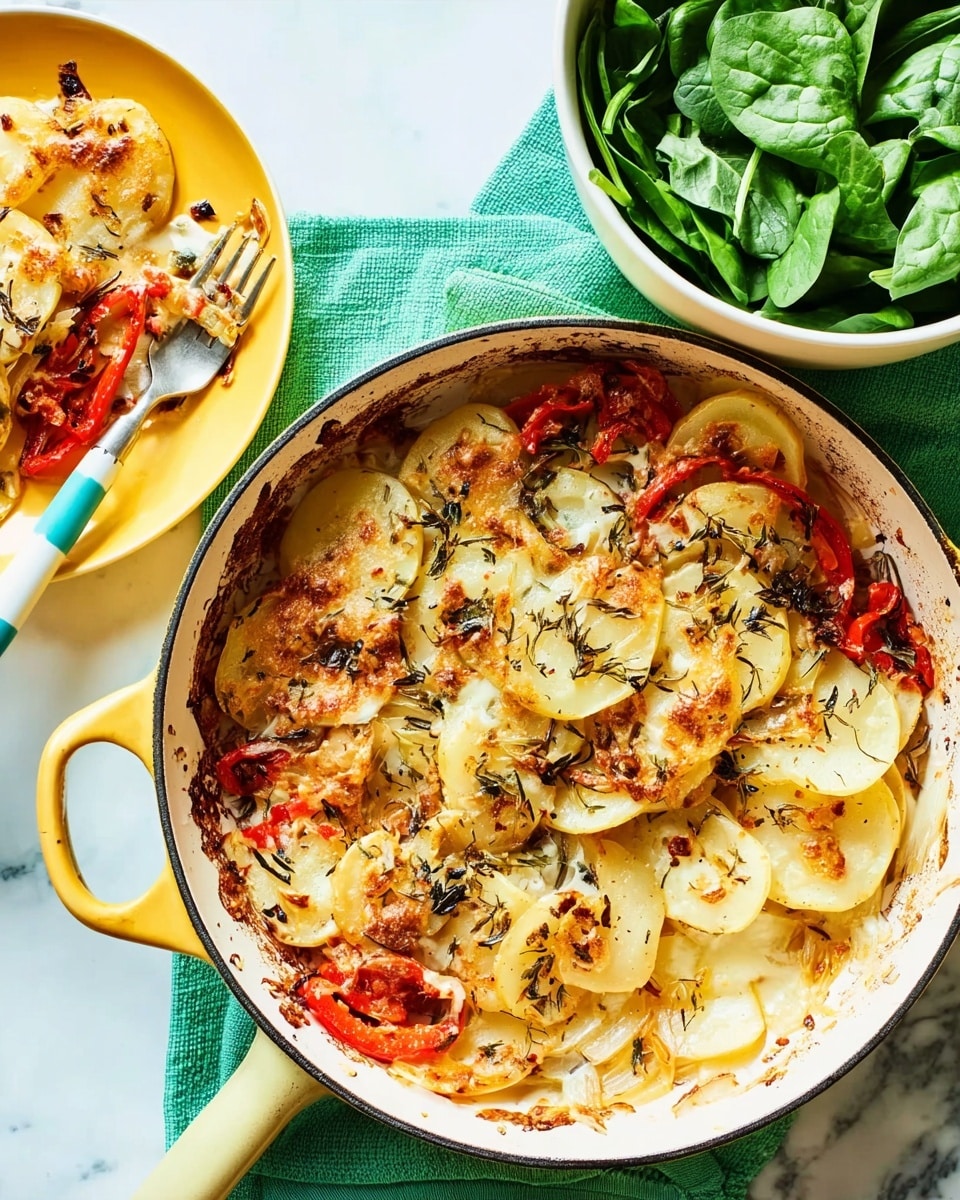 The image shows a white round baking dish with yellow handles filled with a layered potato and onion gratin. The top layer consists of thin white potato slices and light golden melted cheese with browned spots and sprinkled thyme leaves. Underneath, visible sections show a mix of red bell pepper slices, translucent cooked onions, and more potato pieces, all covered in melted cheese. To the left, a white plate holds a serving of the gratin with a fork and knife, showing creamy mashed textures with red pepper bits and onion strands. Above, there is a small white bowl filled with fresh green spinach. Everything is set on a white marbled surface with a light blue cloth partly under the baking dish. Photo taken with an iphone --ar 4:5 --v 7