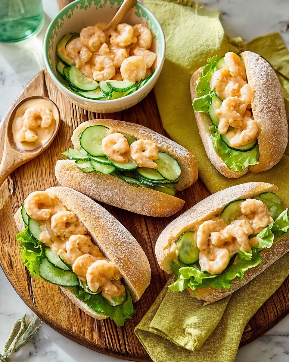 The image shows four shrimp sandwiches placed on a round wooden board with green napkins to the side. Each sandwich has a white bun cut open to hold a layer of light green lettuce at the bottom, followed by thin, dark green cucumber slices, and topped with a creamy, light pink shrimp mixture. In the center of the board, there is a light green bowl filled with more shrimp in the creamy sauce. The board rests on a white marbled textured surface. Photo taken with an iphone --ar 4:5 --v 7